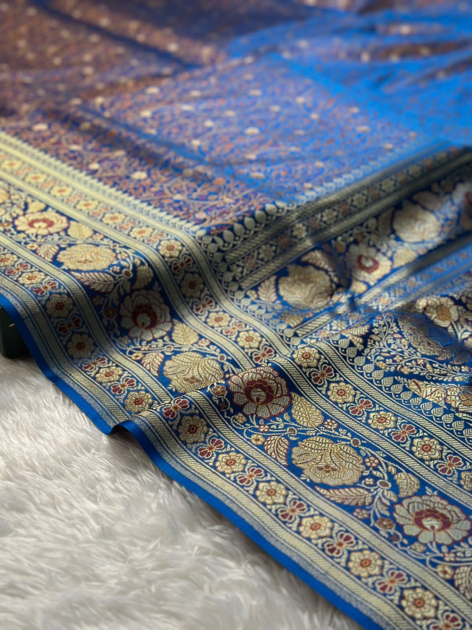 Shade of Blue and Gold Mashru Tanhui Banarasi Saree