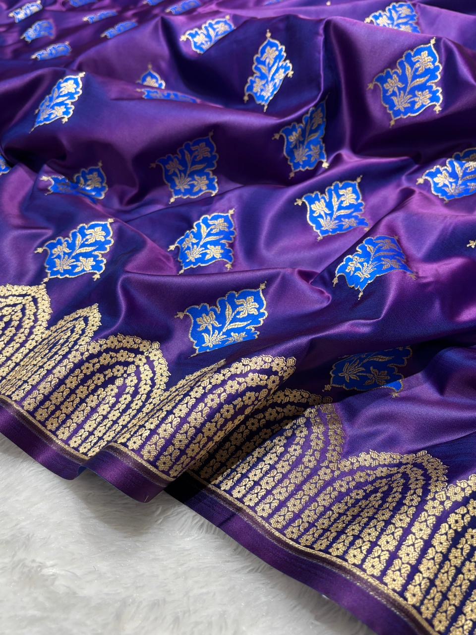 Purple with Gold and Blue floral patterns Mashru SIlk Banarasi Saree