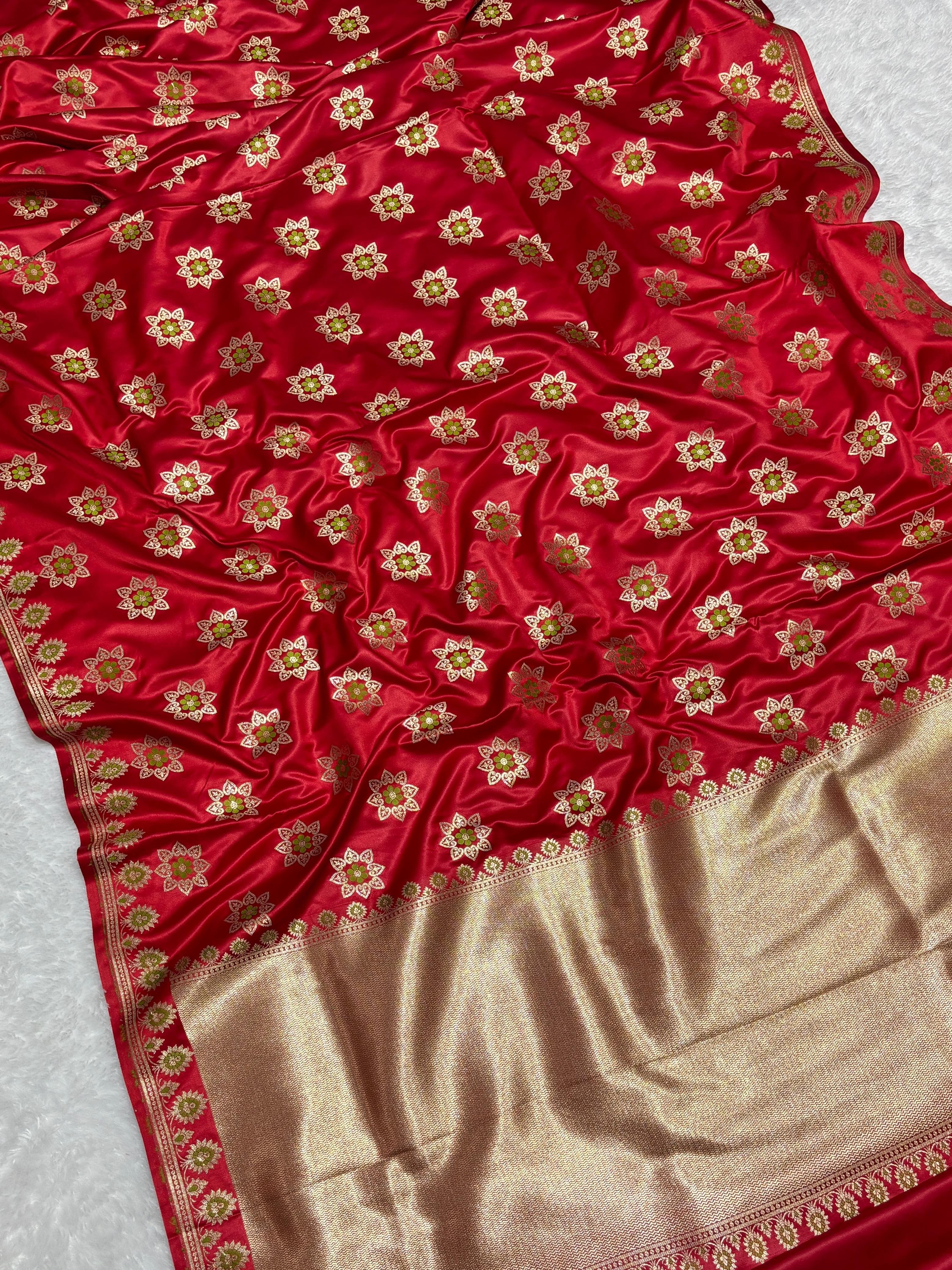 Bridal Red Meena Buta Mashru Silk Banarasi Saree
