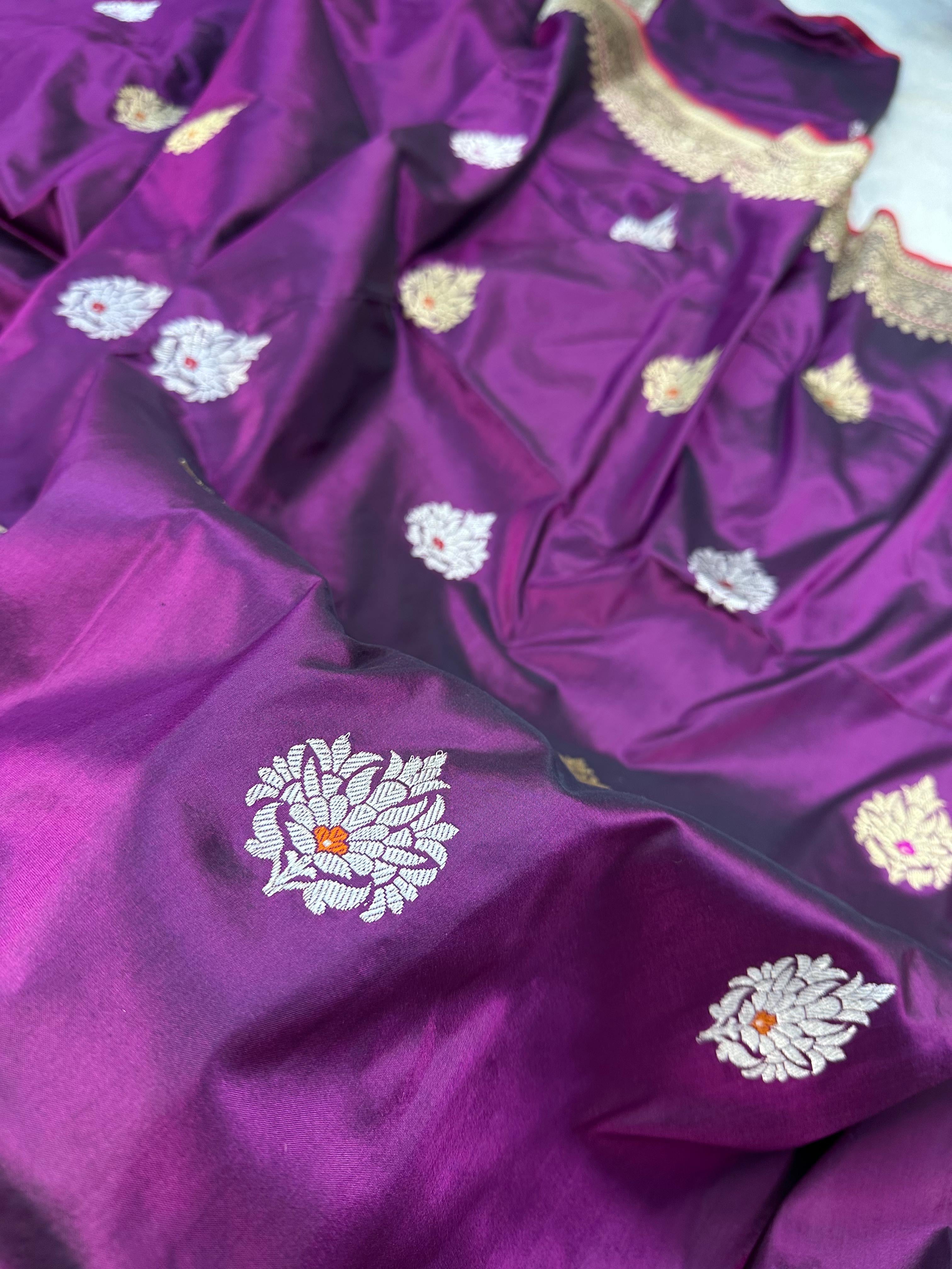 Purple Handwoven Vintage Pure Banarasi Katan Silk Saree – Kadua Weave, Pure Katan Silk
