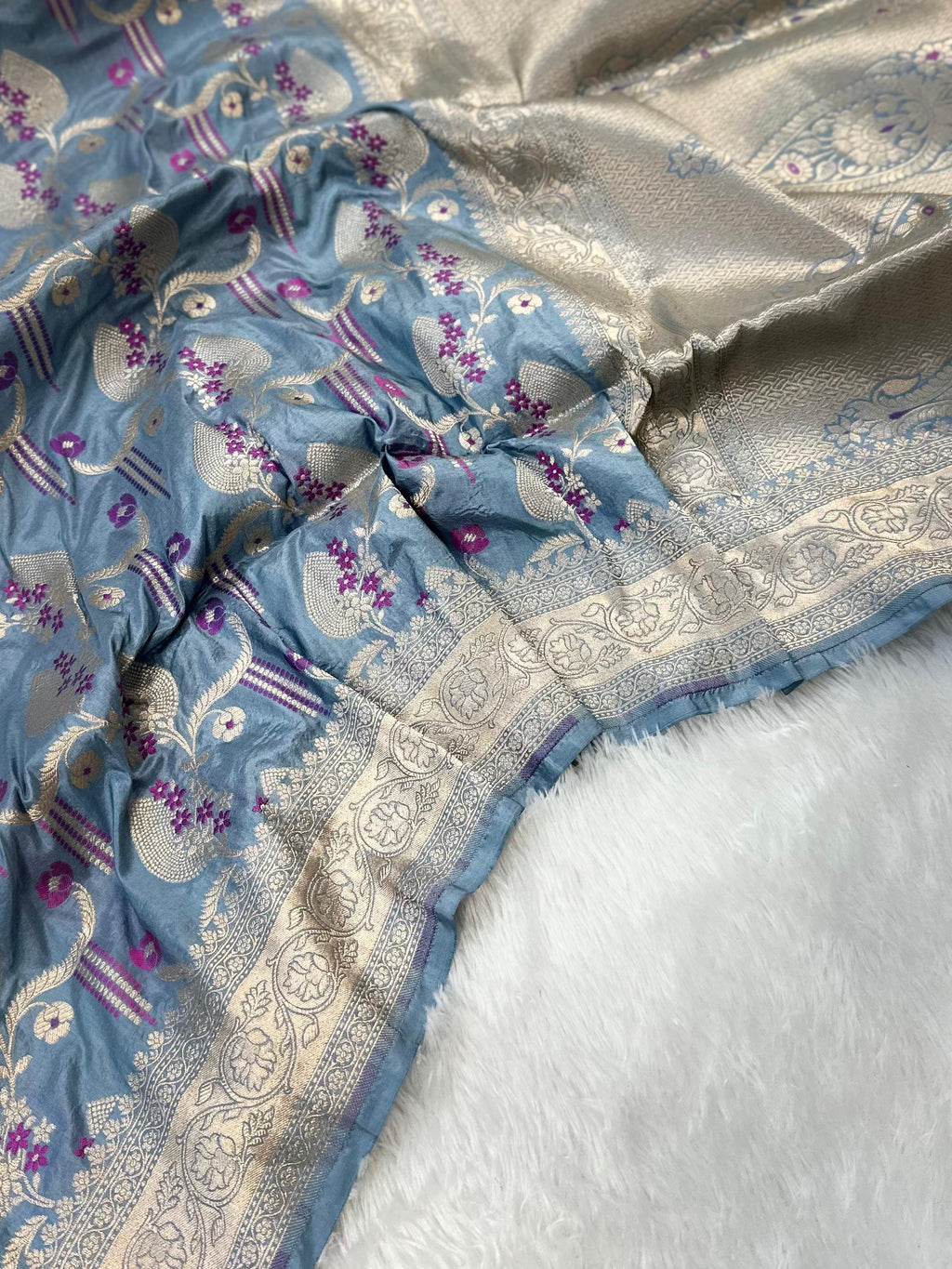 Powder Blue Pure Banarasi Silk Saree – Meenakari Jaal | Authentic Banaras