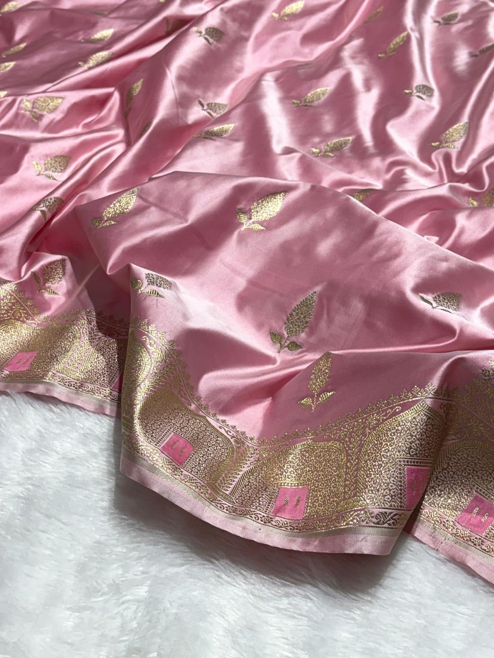 Baby Pink Leaf Buta Mashru Silk Banarasi Saree