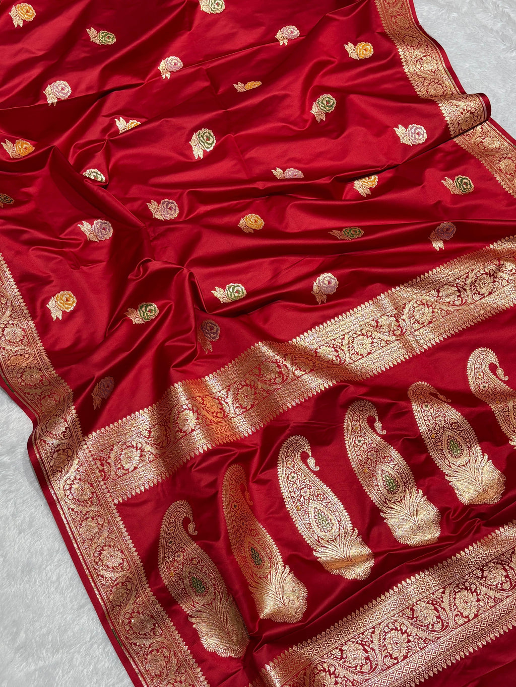Bridal Red Meena Buta Mashru Silk Banarasi Saree