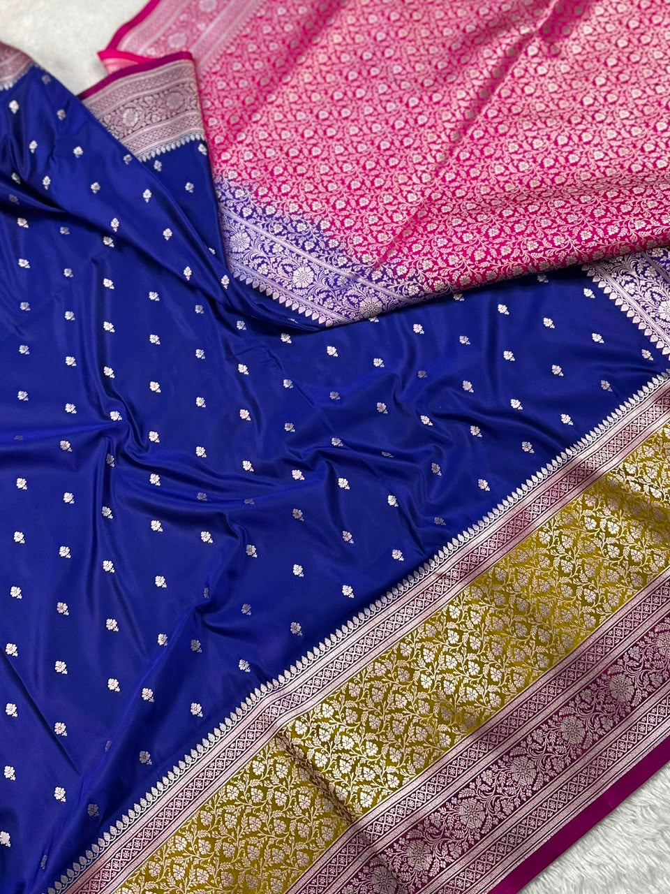 Royal Blue With Contrast Border Mashru Silk Banarasi Saree
