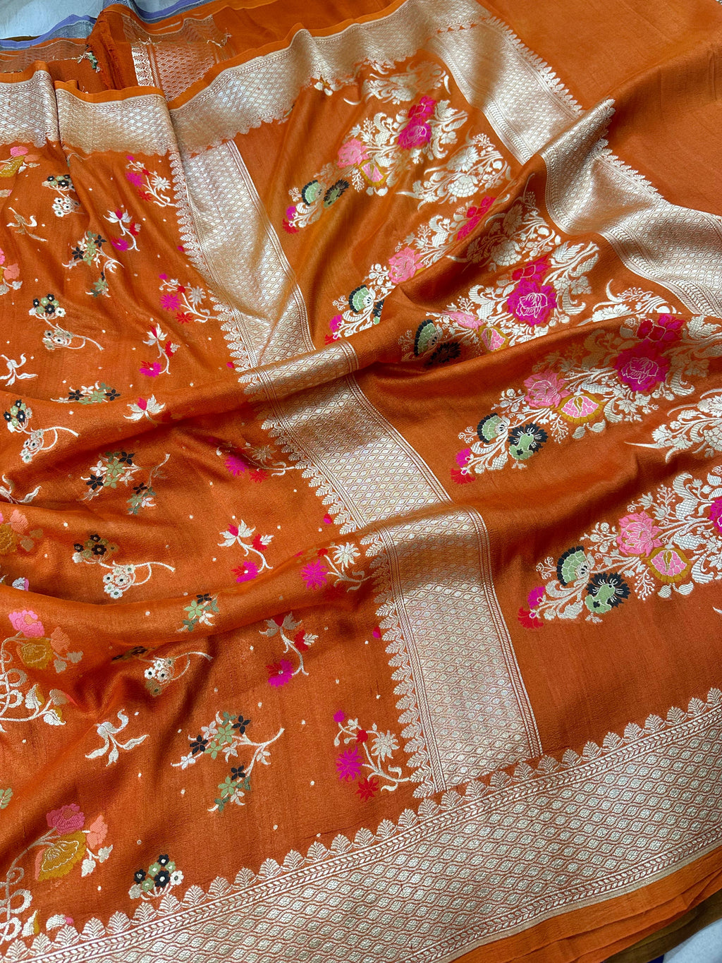 Pure Desi Tussar Fanta Orange Meenakari Jangla Pattern