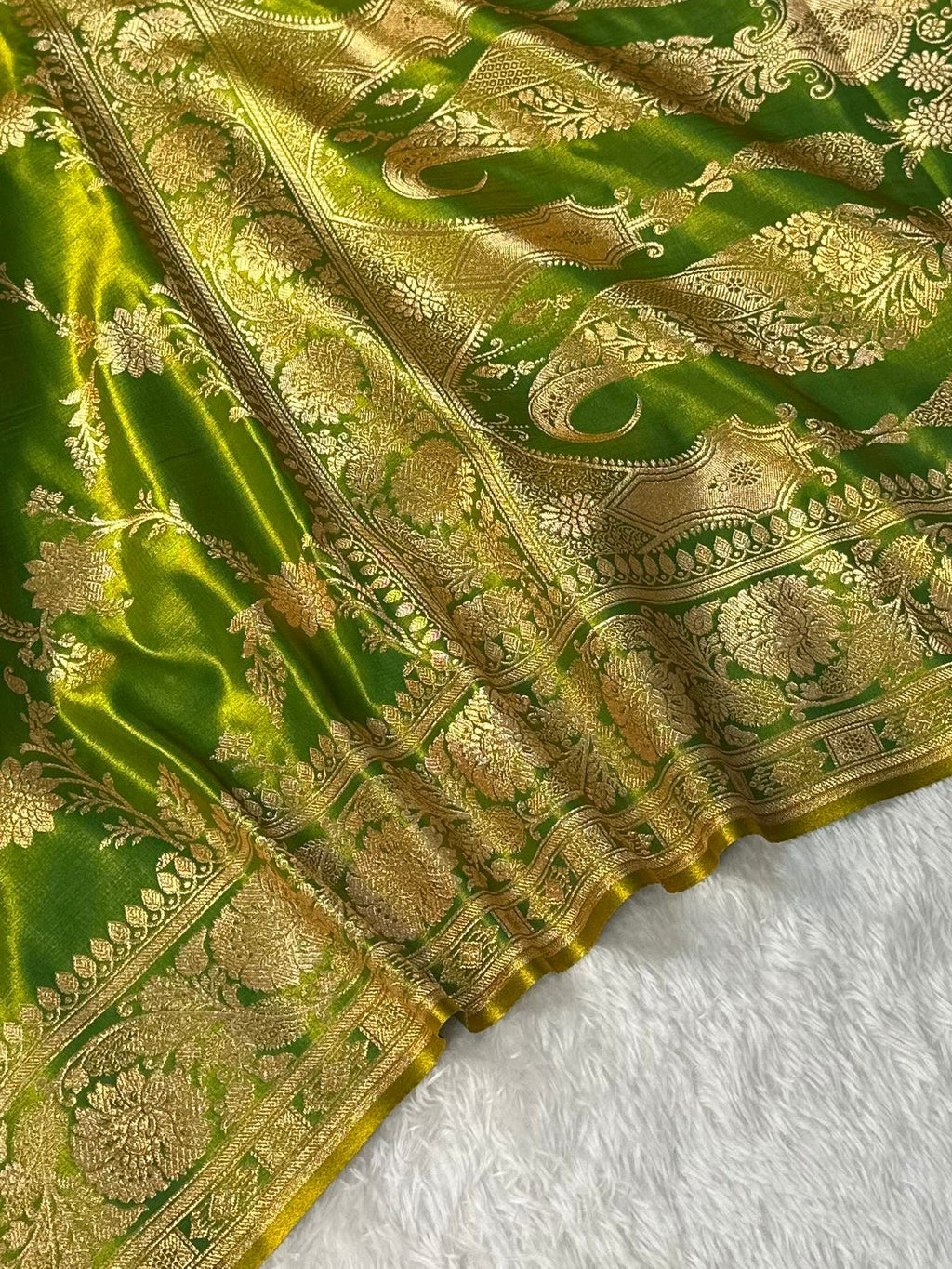 Lemon Green Satin Silk Banarasi Saree