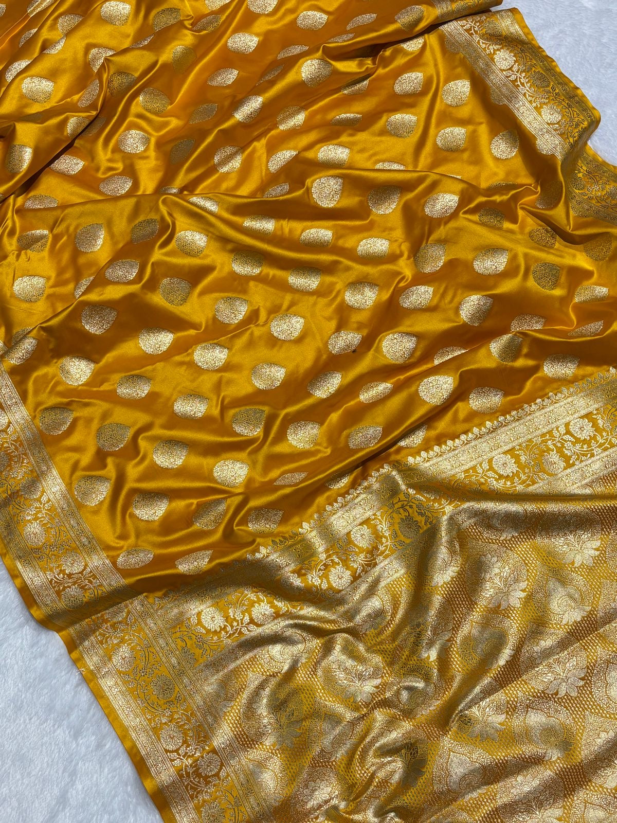 Mustard Yellow Buta Mashru Silk Banarasi Saree