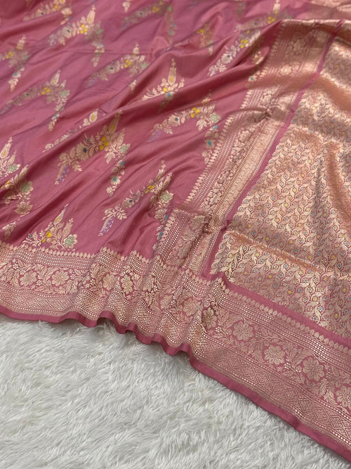 Baby Pink Pure Katan Silk Kadua Weave Banarasi Saree with Menakari Jaal Pattern