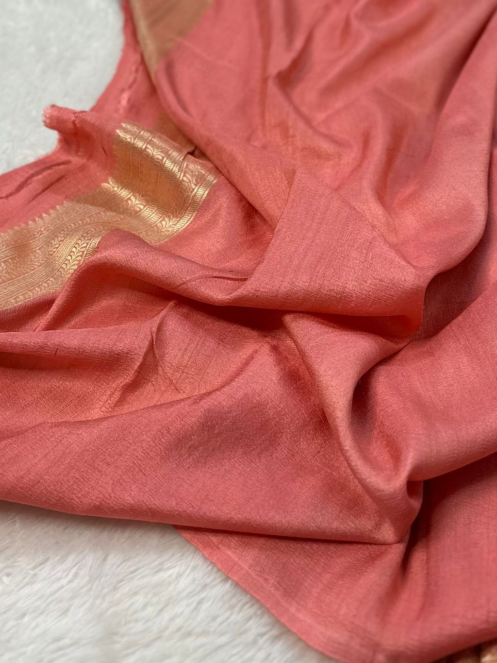 Peach Handwoven Desi Tussar Georgette Banarasi Saree