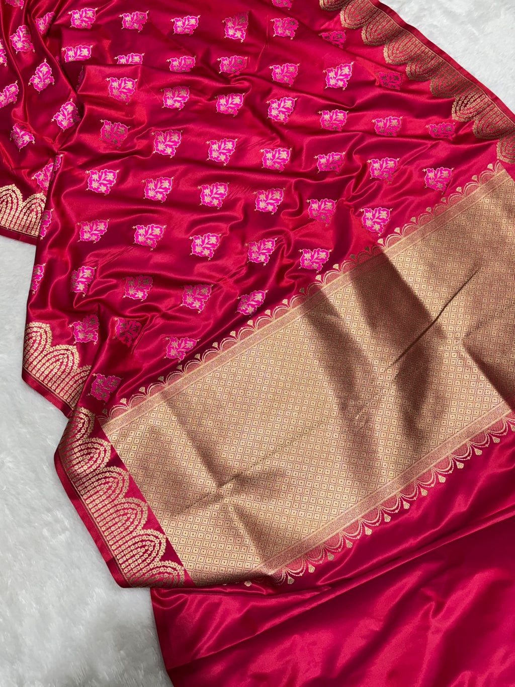 Rani Pink with Gold and Pink floral patterns Mashru SIlk Banarasi Saree
