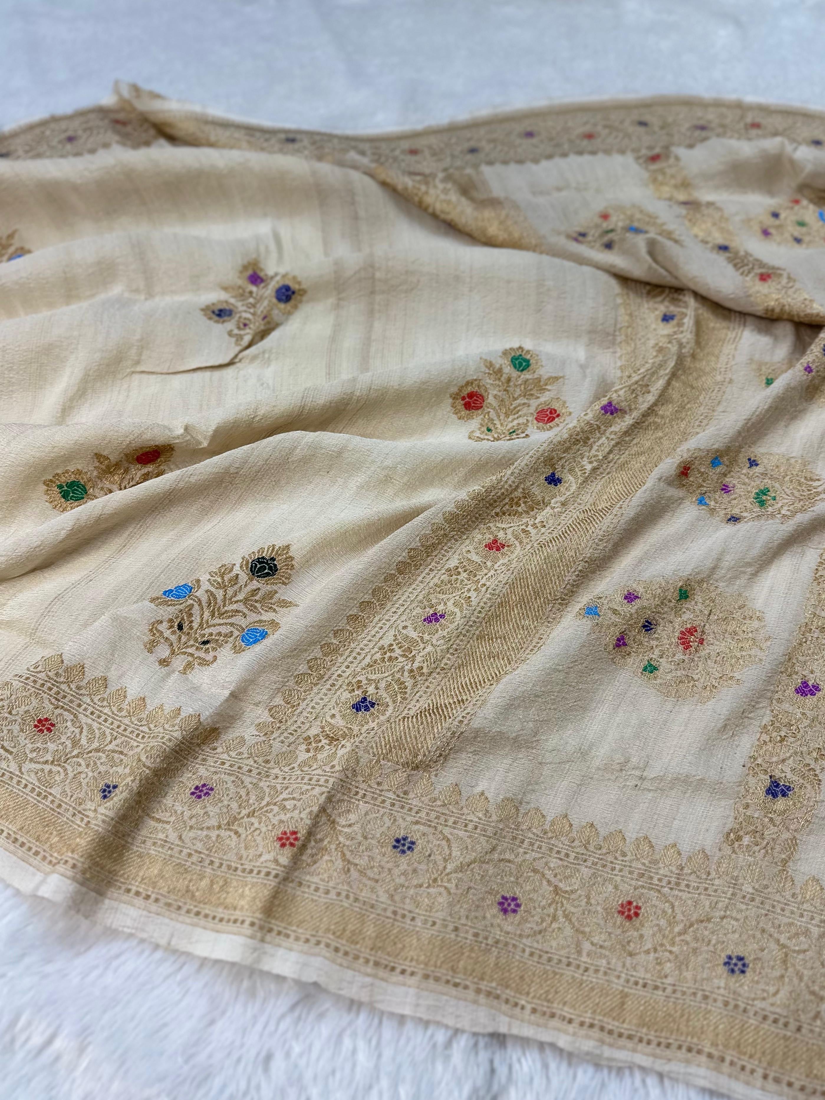 Beige Pure Desi Tussar Kadua Weaved Banarasi Saree