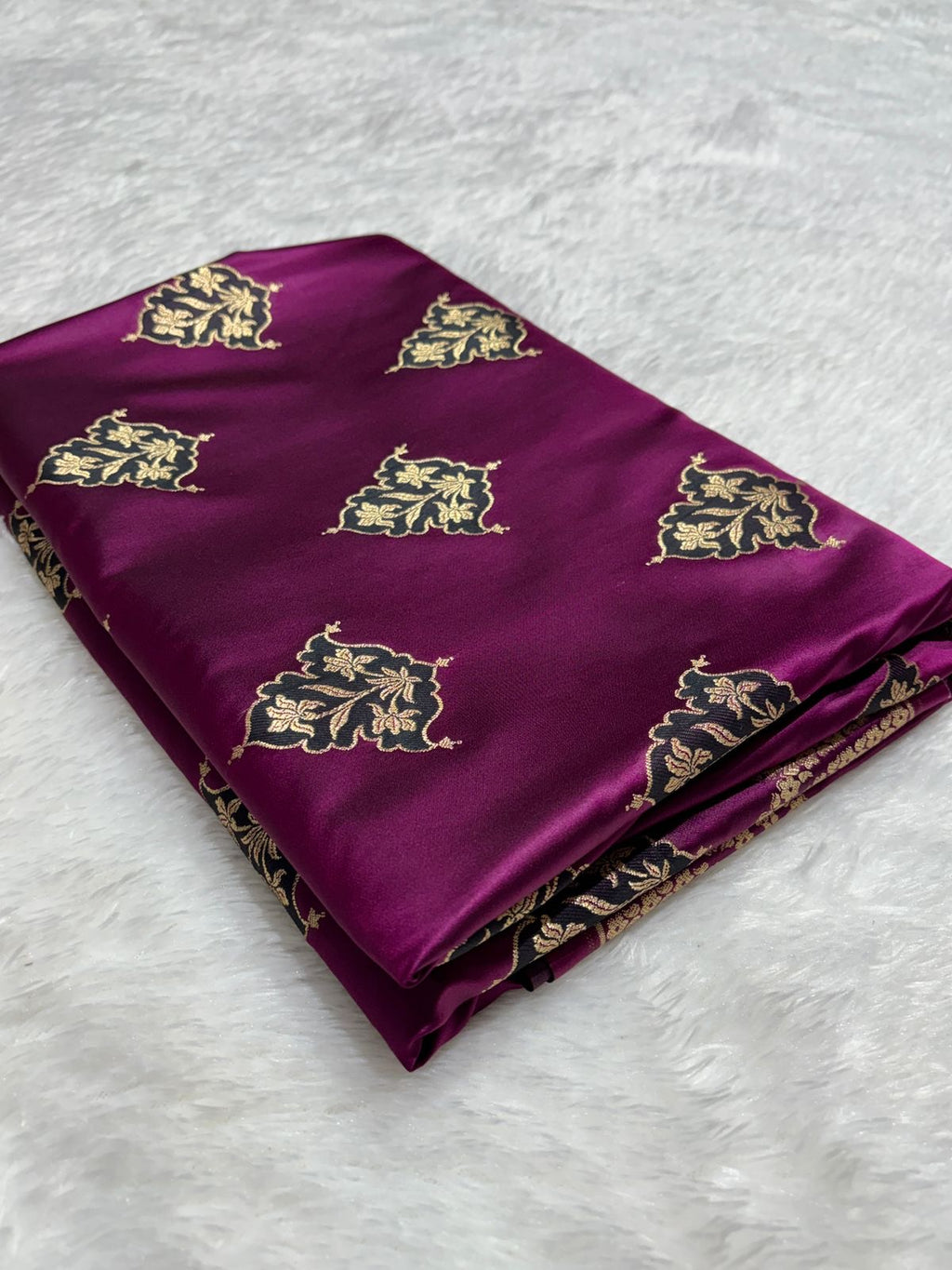 Purple with Gold and Green floral patterns Mashru SIlk Banarasi Saree