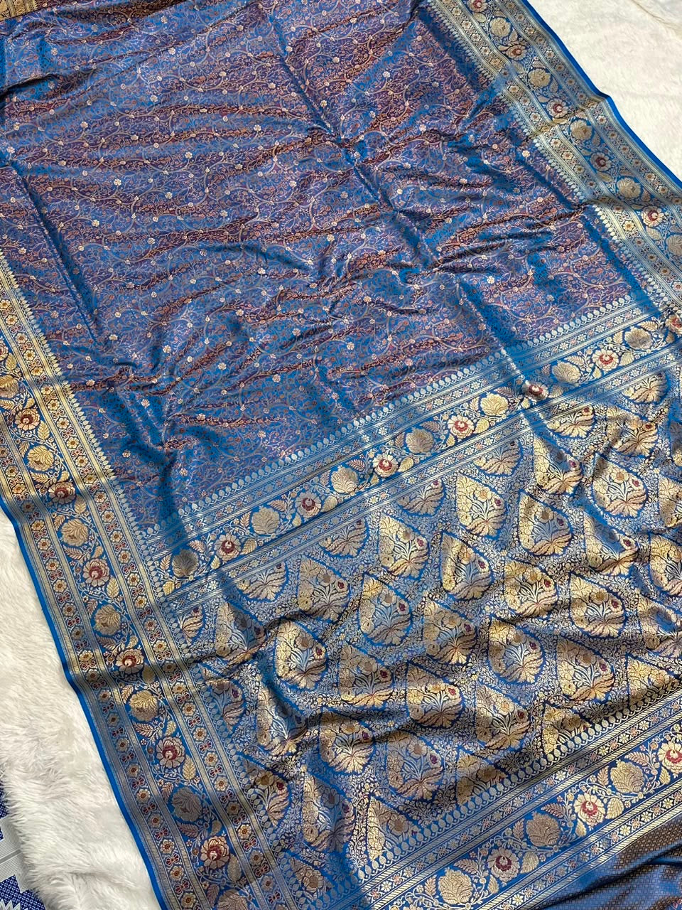 Shade of Blue and Gold Mashru Tanhui Banarasi Saree
