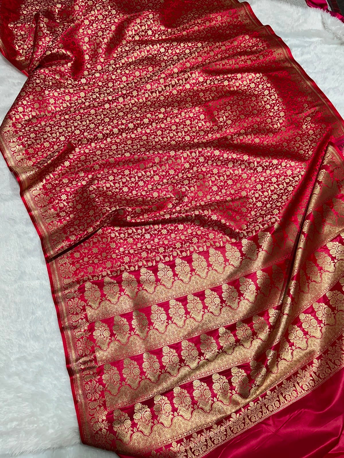 Mashru Banarasi Silk Saree in Red Floral Brocade