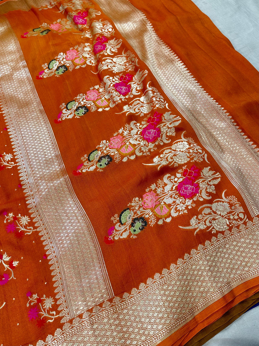 Pure Desi Tussar Fanta Orange Meenakari Jangla Pattern