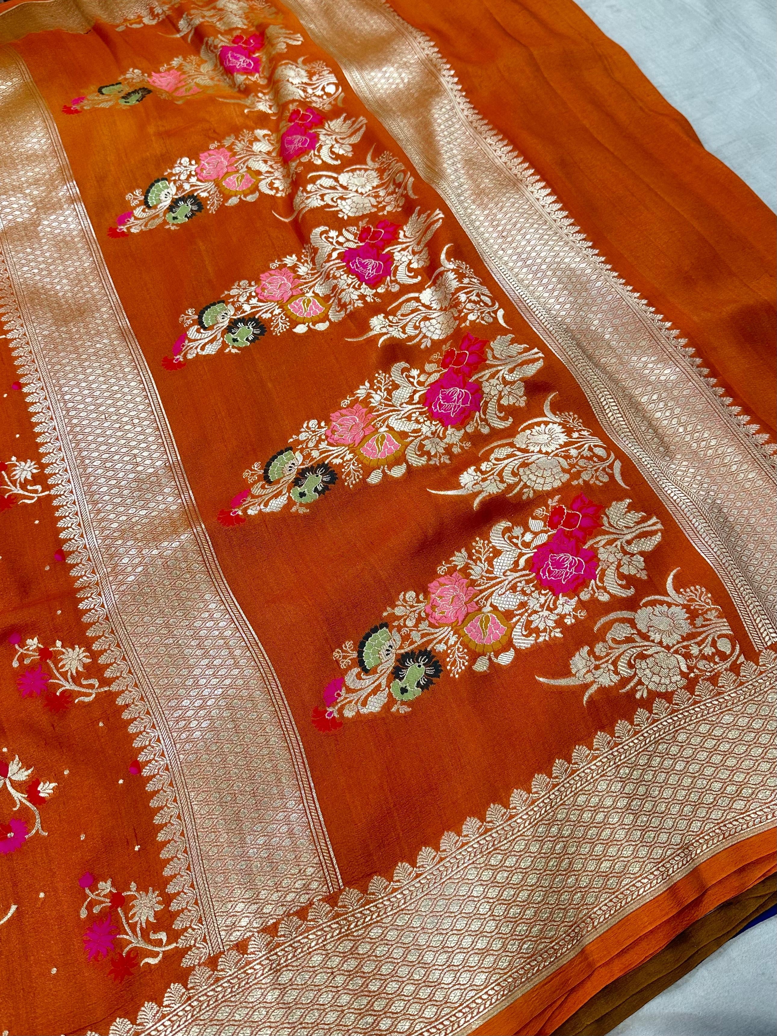 Pure Desi Tussar Fanta Orange Meenakari Jangla Pattern