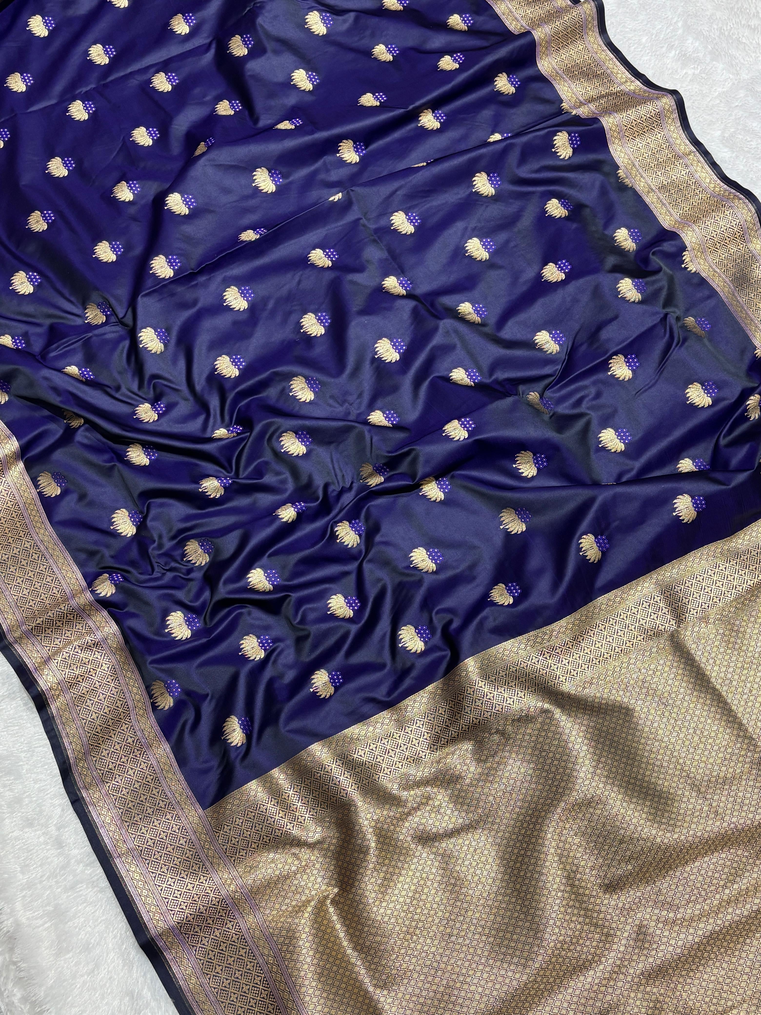 Navy Blue Mesmerising Mashru Silk Saree in Meena Buta pattern with gold zari
