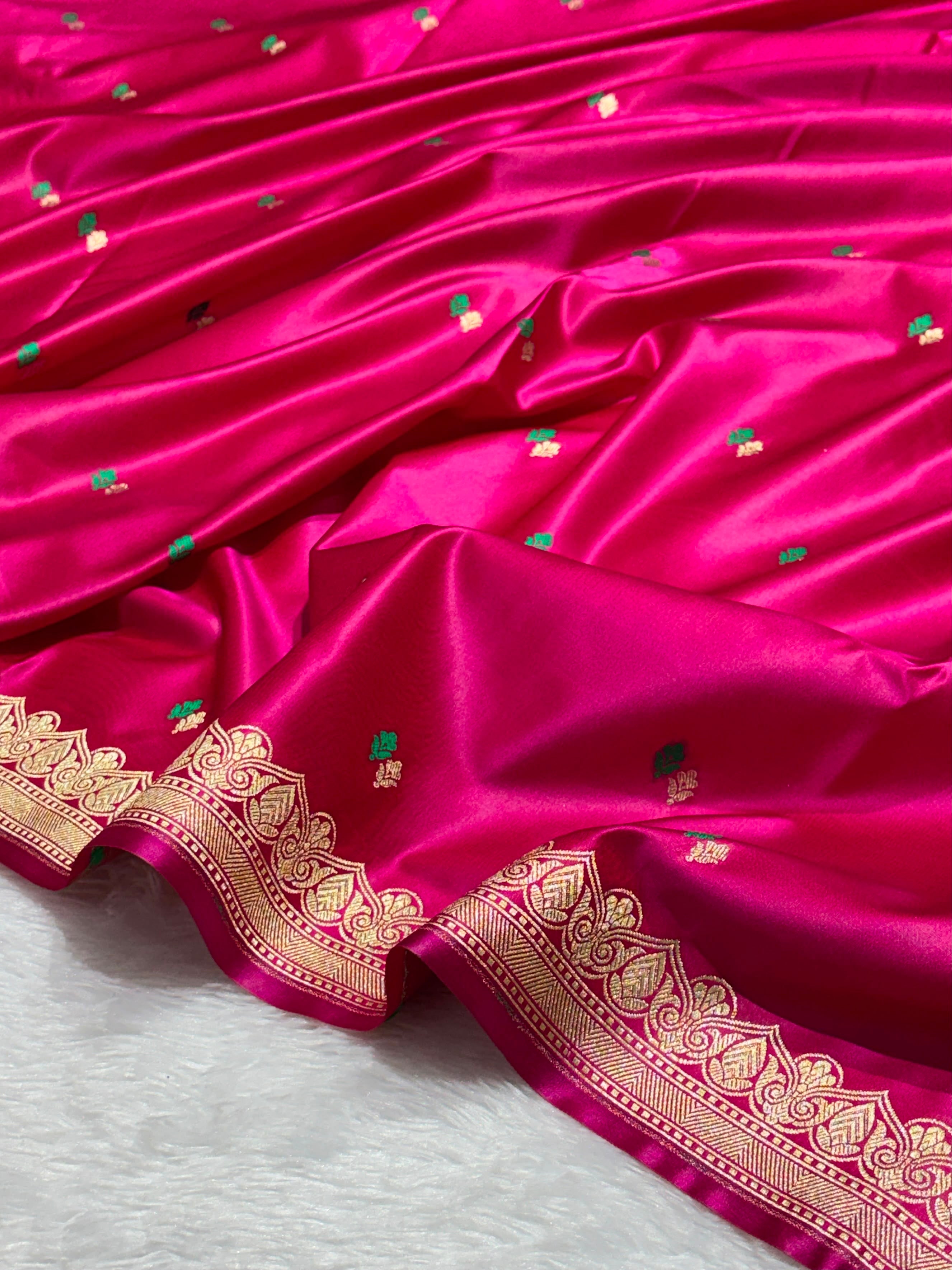 Bright Pink Dot Buta Mashru Silk Banarasi Saree