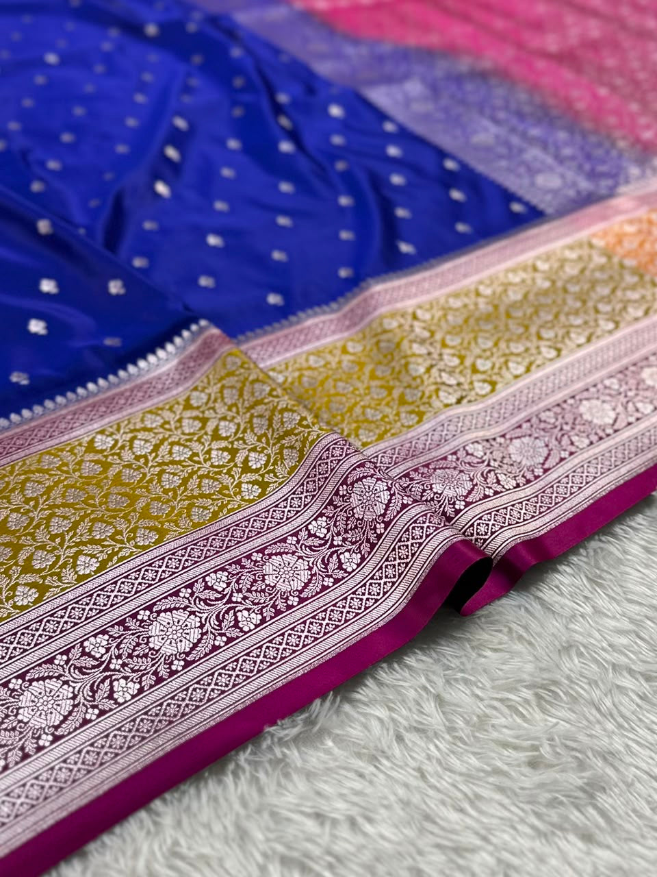 Royal Blue With Contrast Border Mashru Silk Banarasi Saree