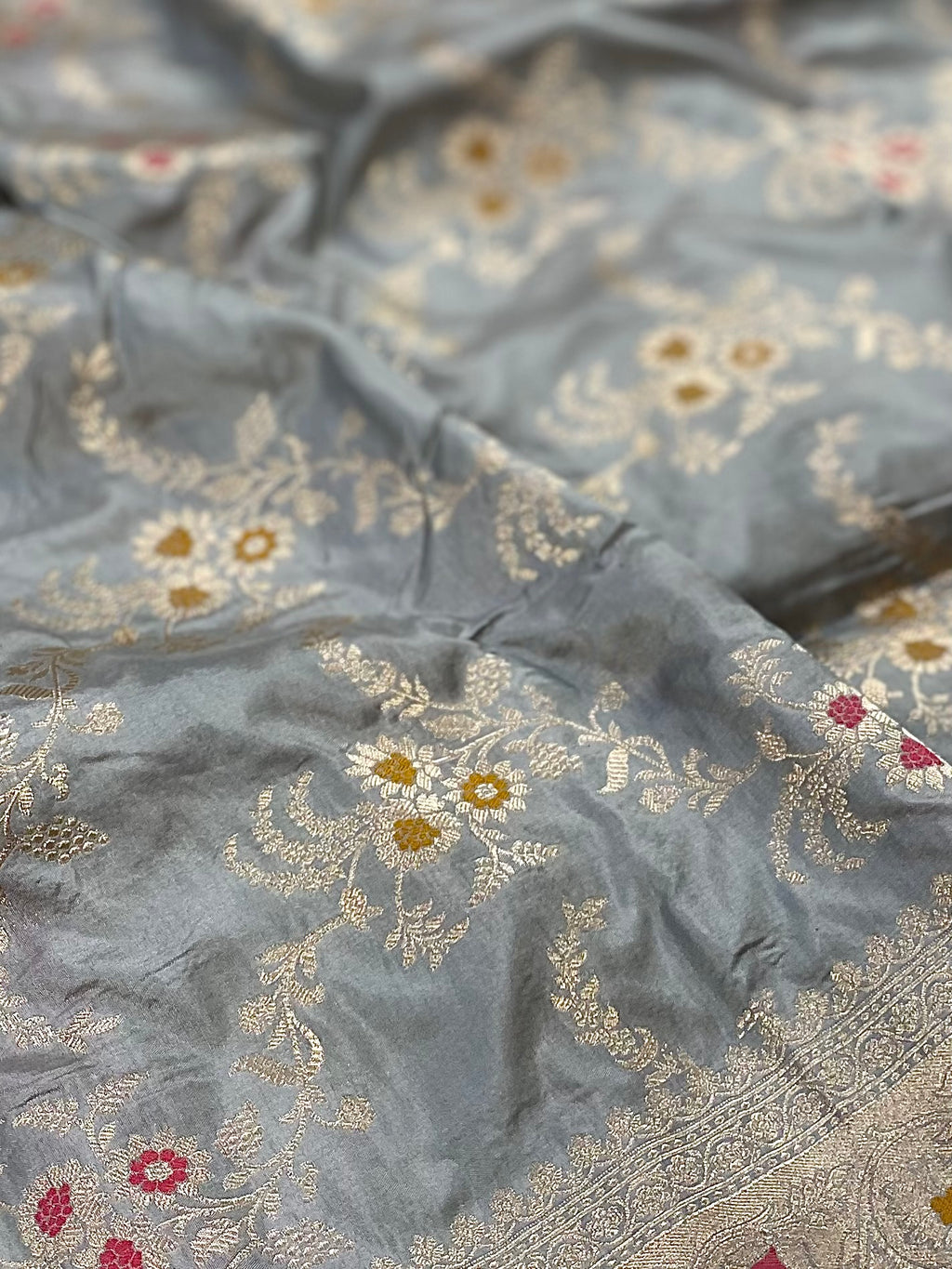 Ash Grey Meenedar Jaal Pattern Pure katan Silk Saree