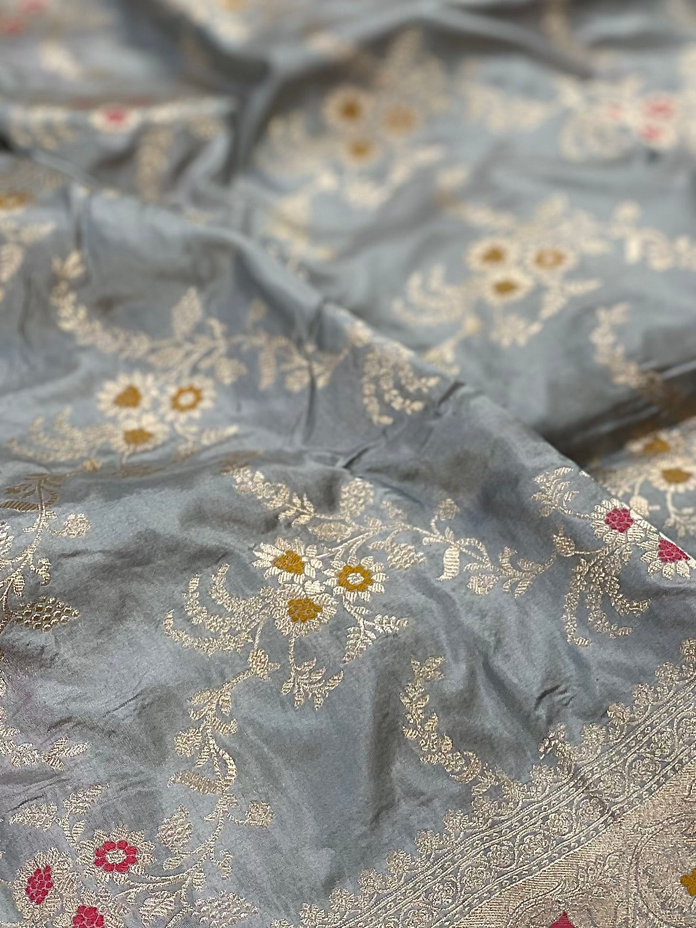 Ash Grey Meenedar Jaal Pattern Pure katan Silk Saree
