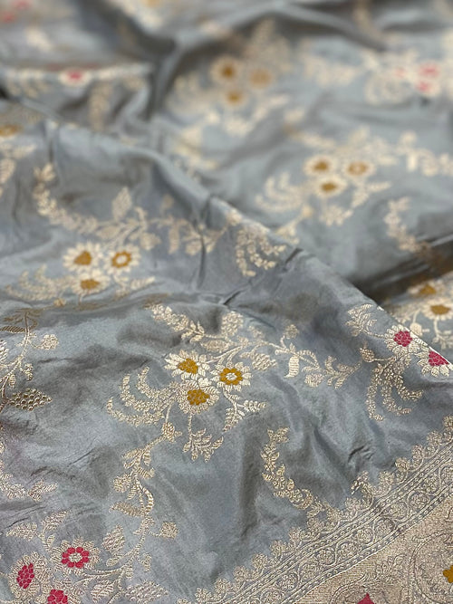 Ash Grey Meenedar Jaal Pattern Pure katan Silk Saree