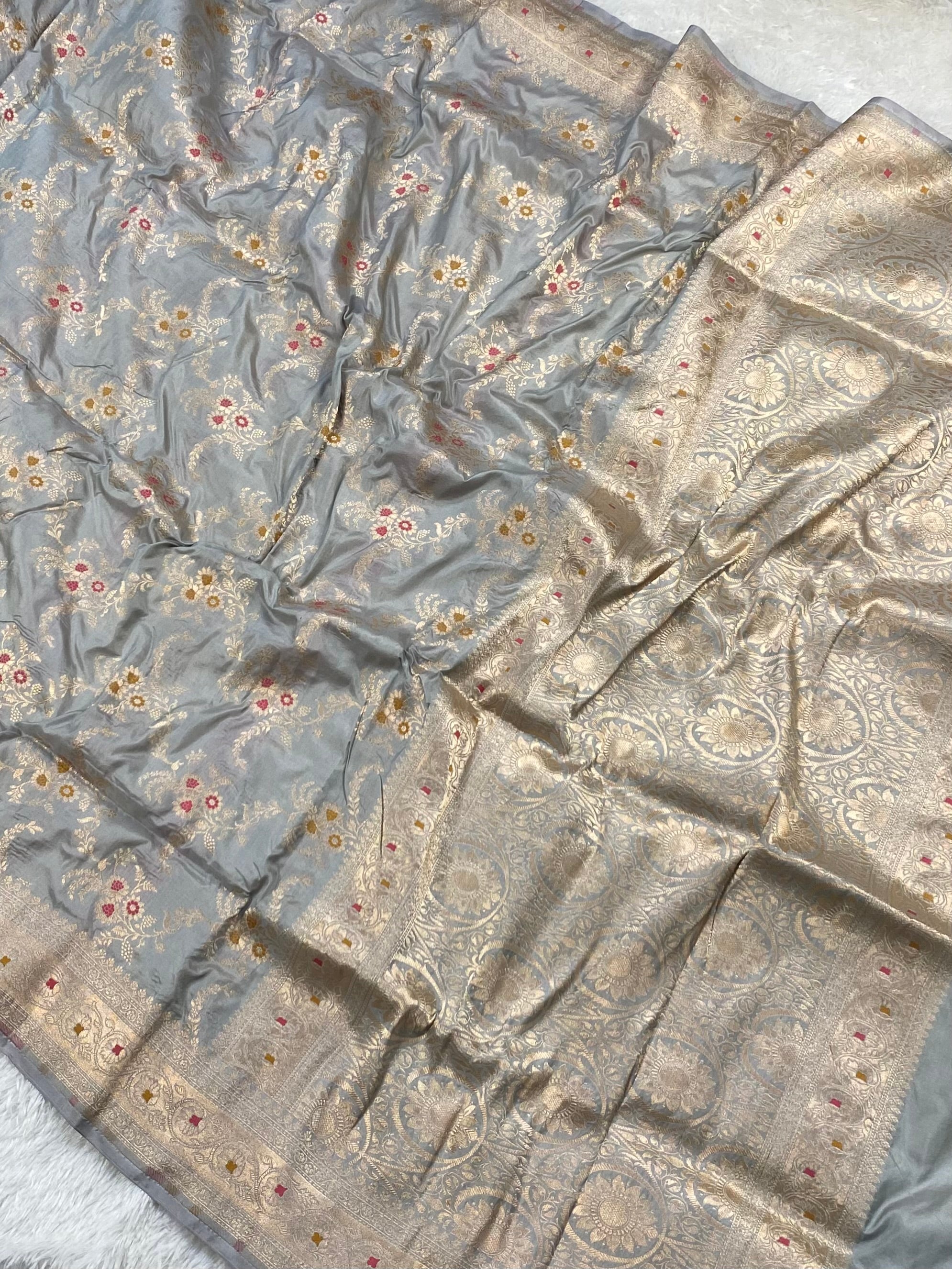 Ash Grey Meenedar Jaal Pattern Pure katan Silk Saree