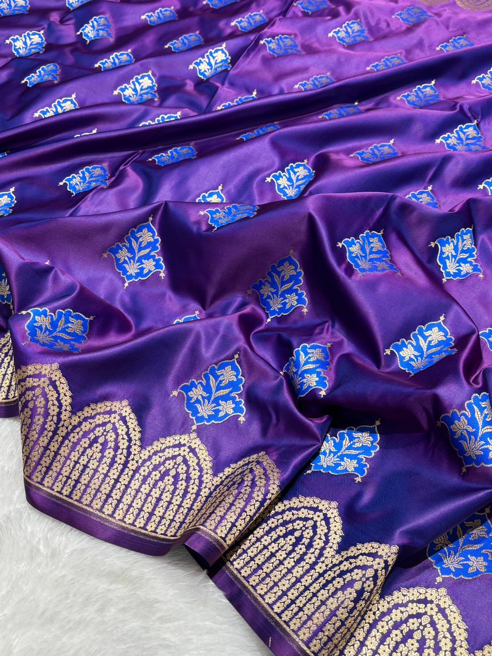 Purple with Gold and Blue floral patterns Mashru SIlk Banarasi Saree
