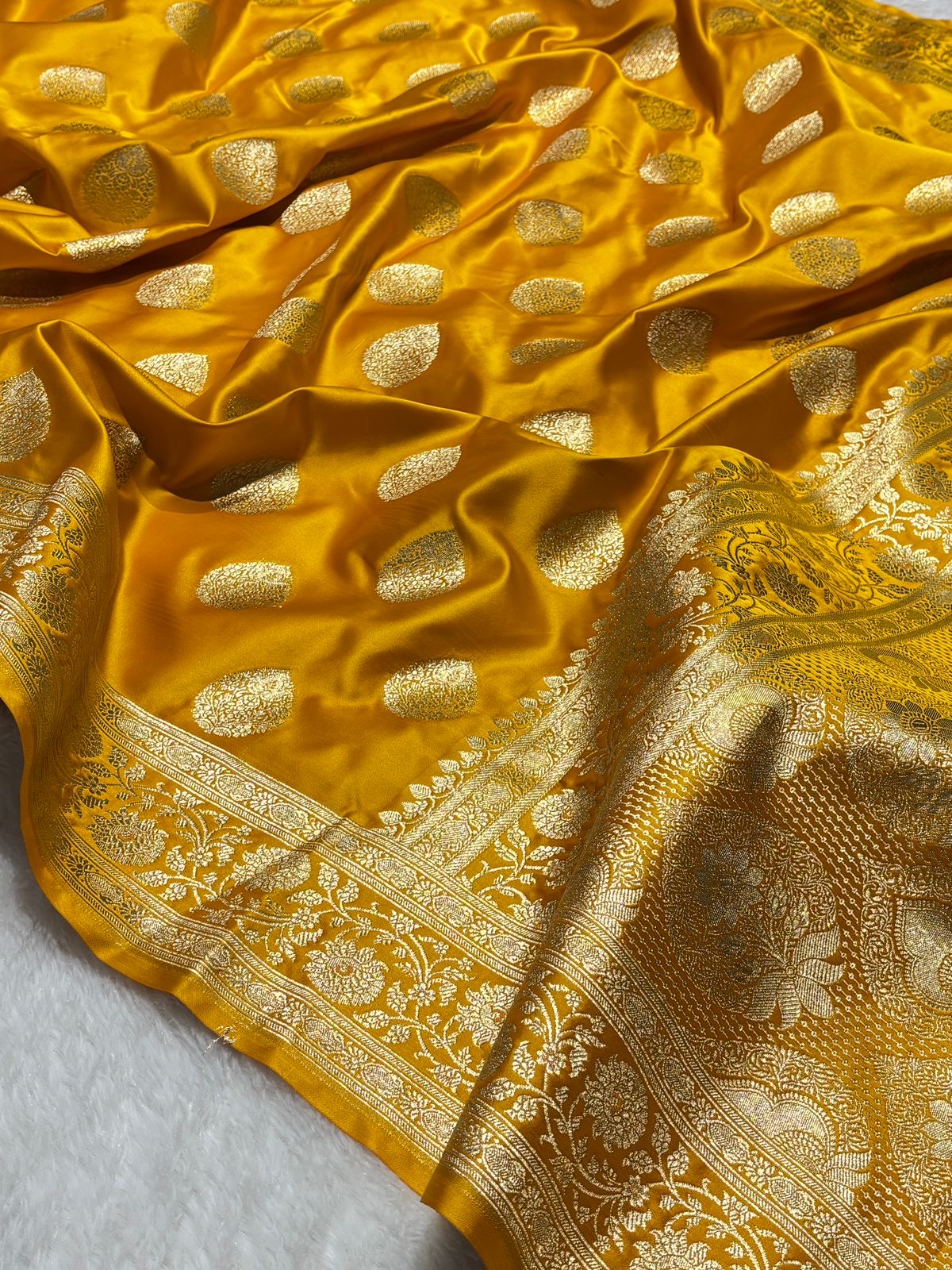Mustard Yellow Buta Mashru Silk Banarasi Saree