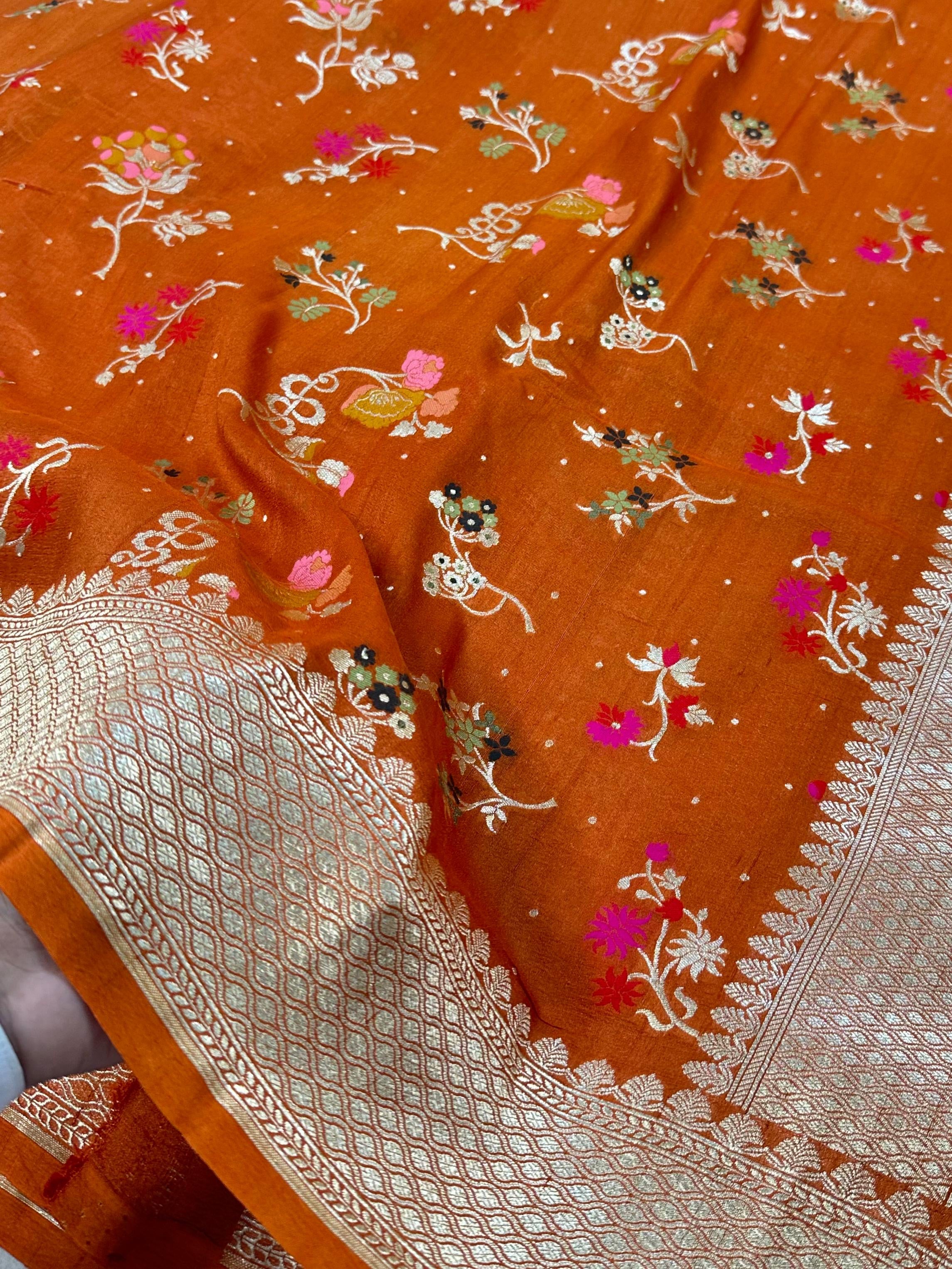 Pure Desi Tussar Fanta Orange Meenakari Jangla Pattern