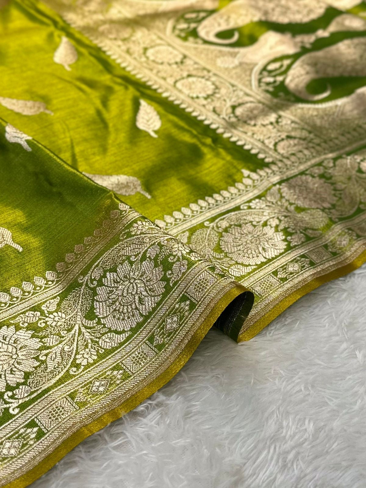 Lime Green Booti Satin Silk Saree