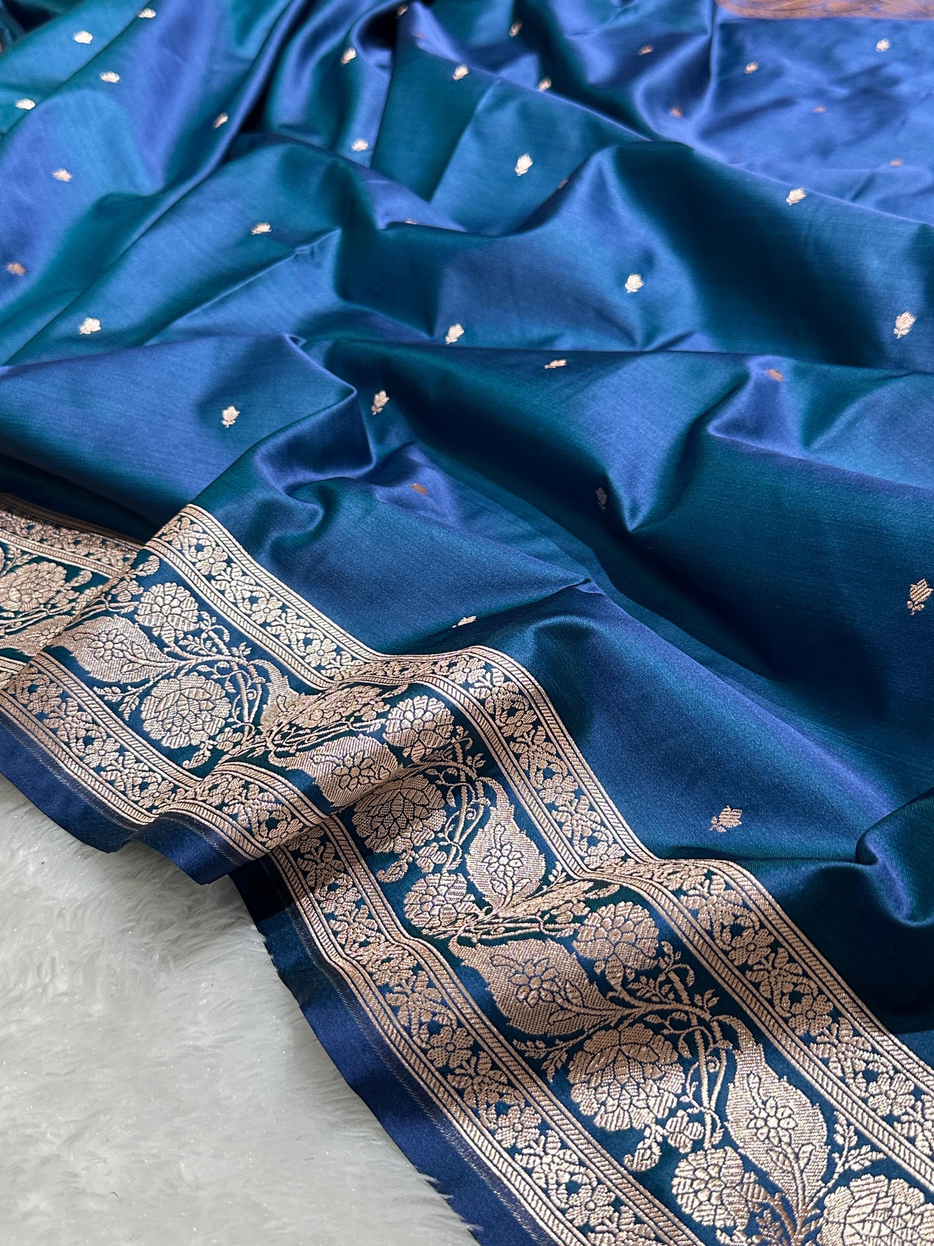 Premium Blue with Gold Buti Mashru Silk Saree with Grand Pallu