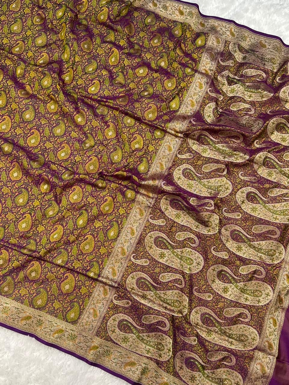 Jamawar Meenedar Buti Satin Katan Silk Banarasi Saree
