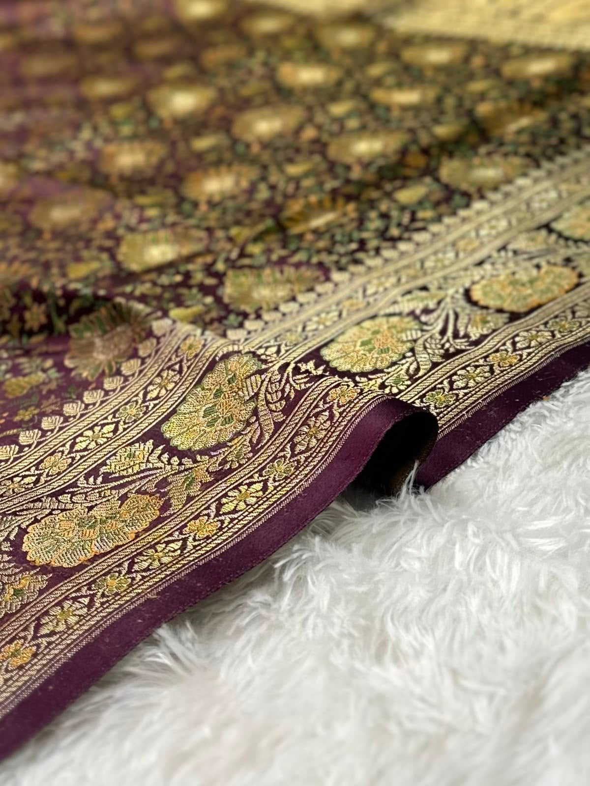 Shade of Purple and Gold Mashru Tanhui Banarasi Saree