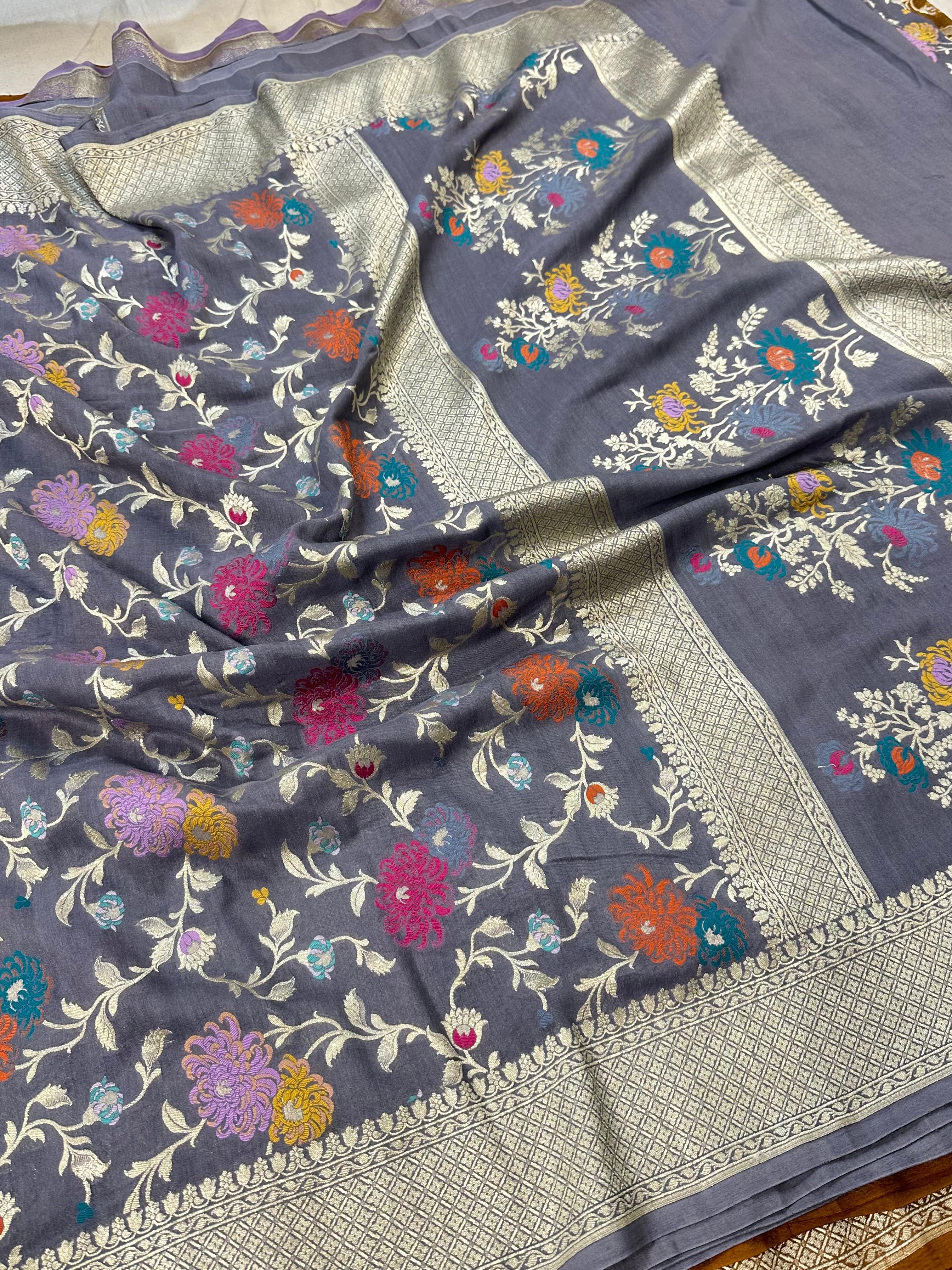 Pure Desi Tussar Ash Grey Meenakari Jangla Pattern