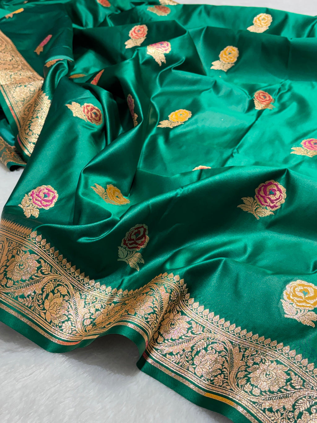 Rose Emerald Green Meena Buta Mashru Silk Banarasi Saree