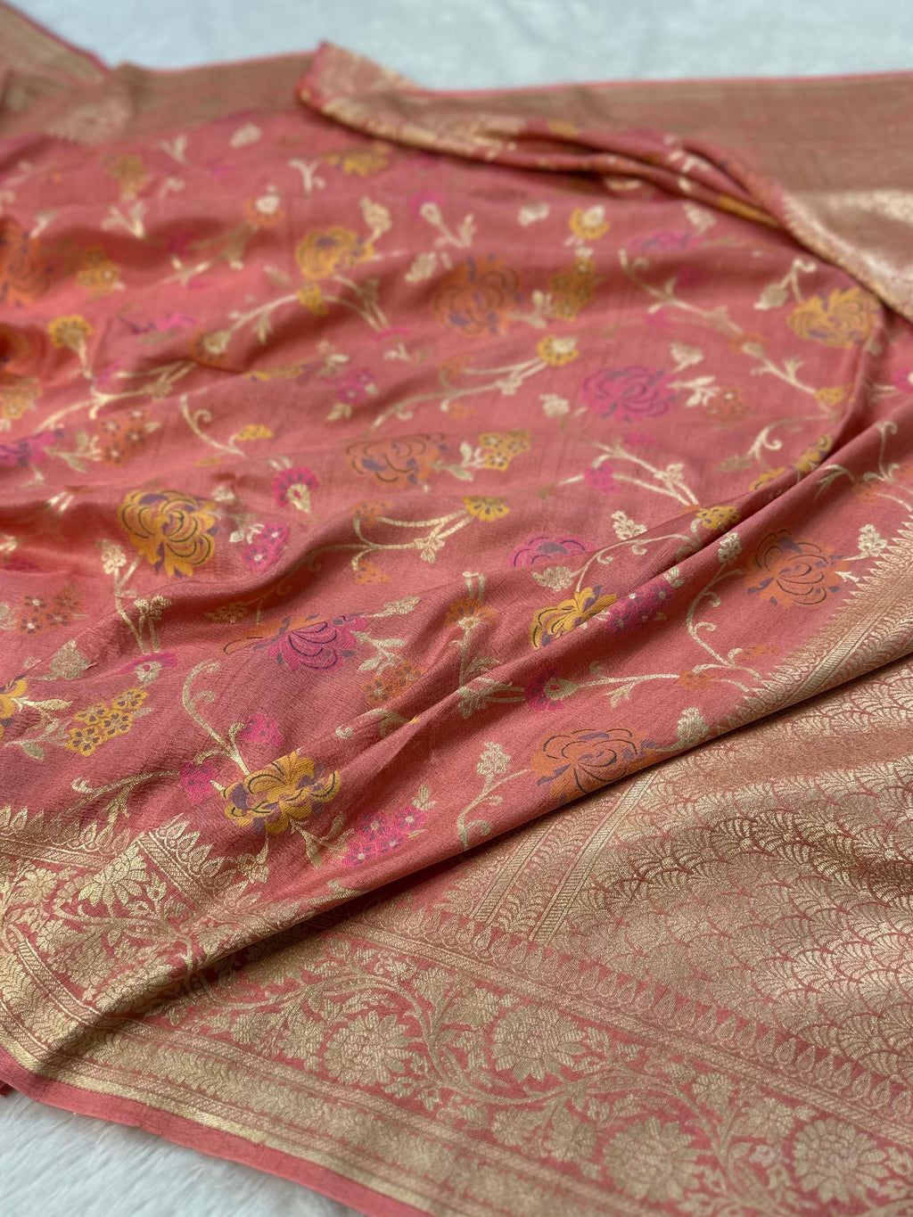 Peach Handwoven Desi Tussar Georgette Banarasi Saree