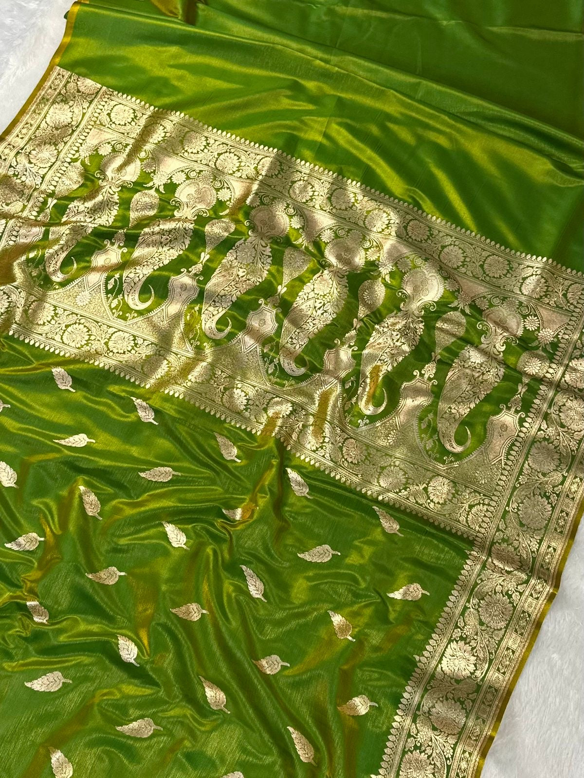 Lime Green Booti Satin Silk Saree