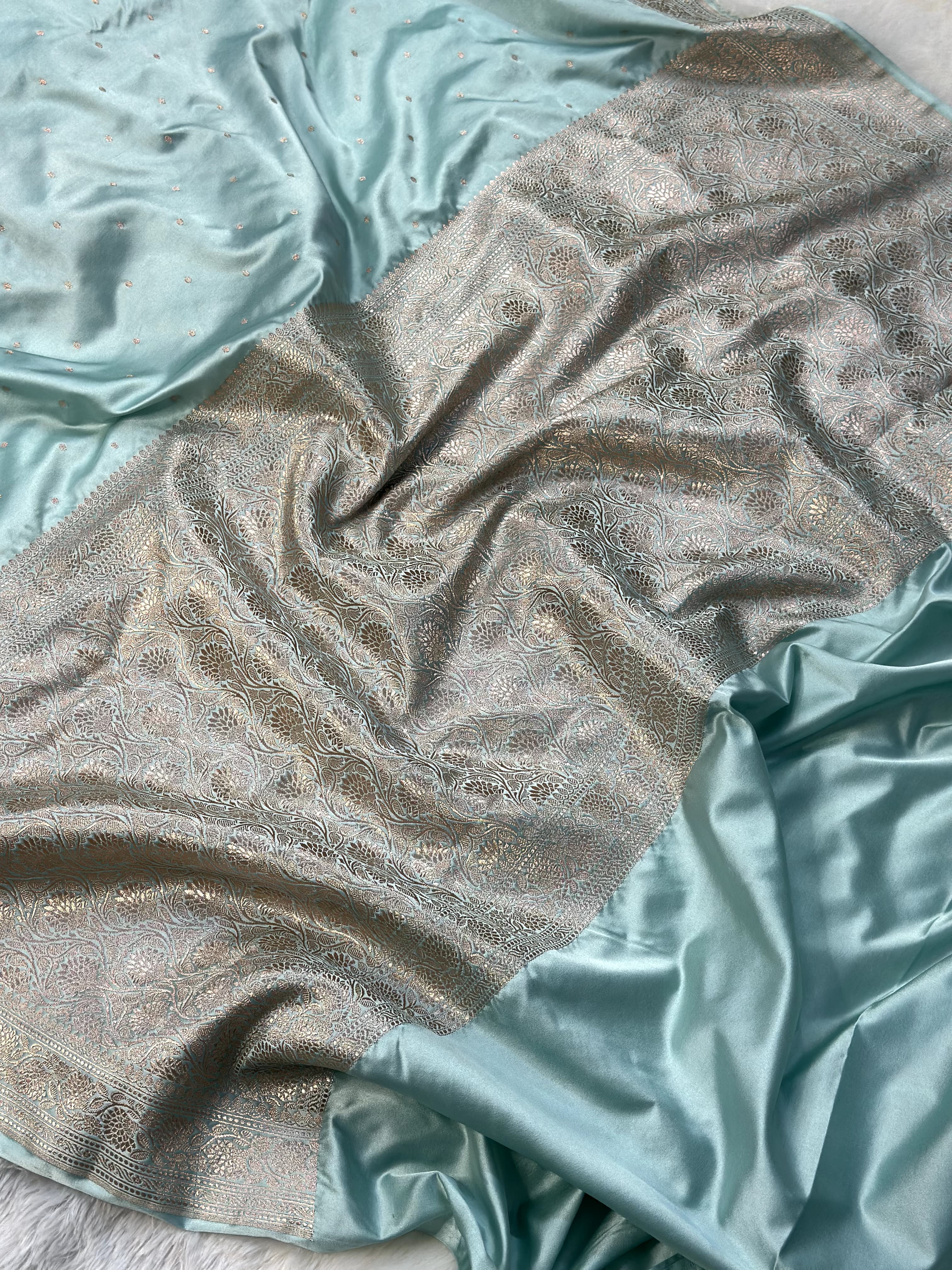 Powder Blue Mashru Silk Zari Booti with Banarasi Border Saree