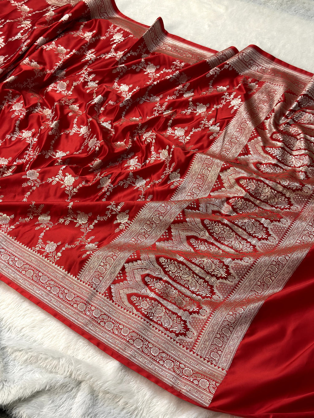 Red Mashru Silk Zari Jaal with Banarasi Border Saree