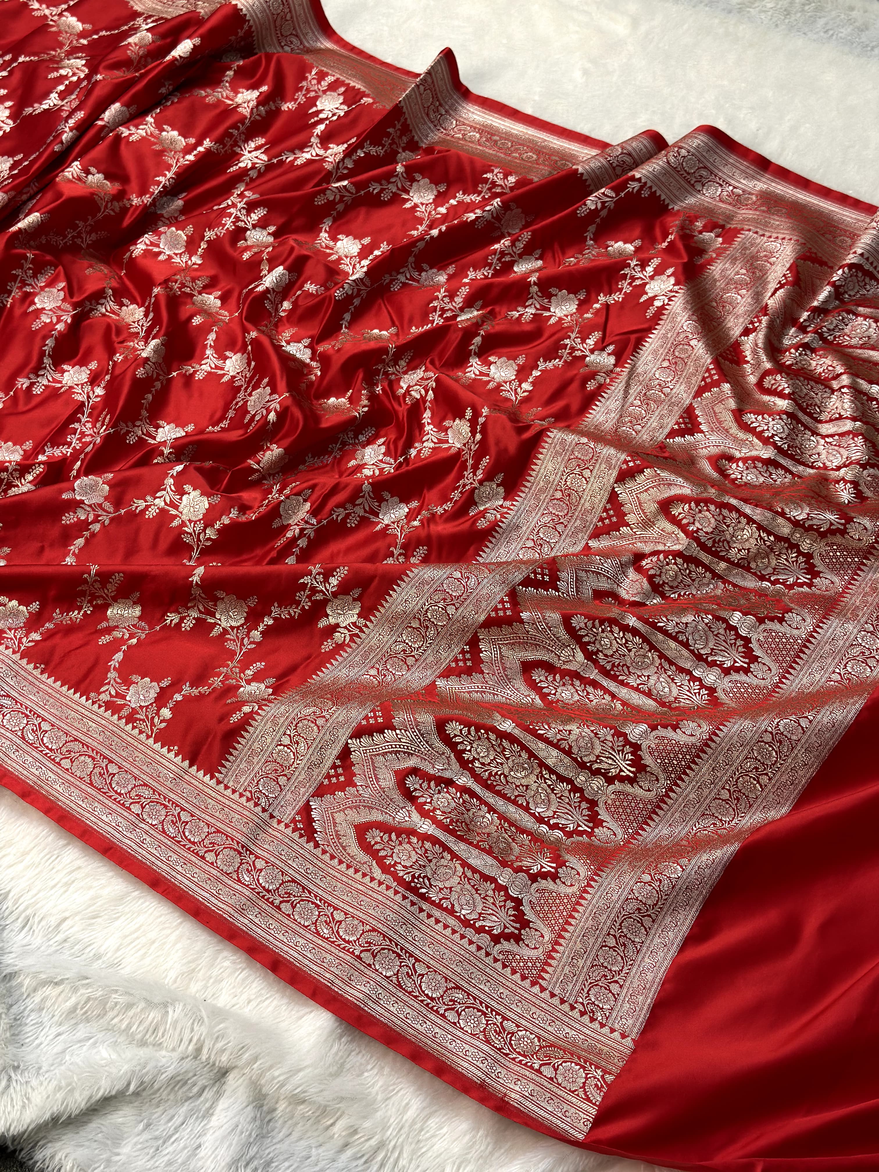 Red Mashru Silk Zari Jaal with Banarasi Border Saree