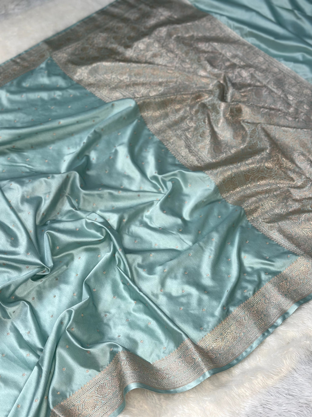 Powder Blue Mashru Silk Zari Booti with Banarasi Border Saree