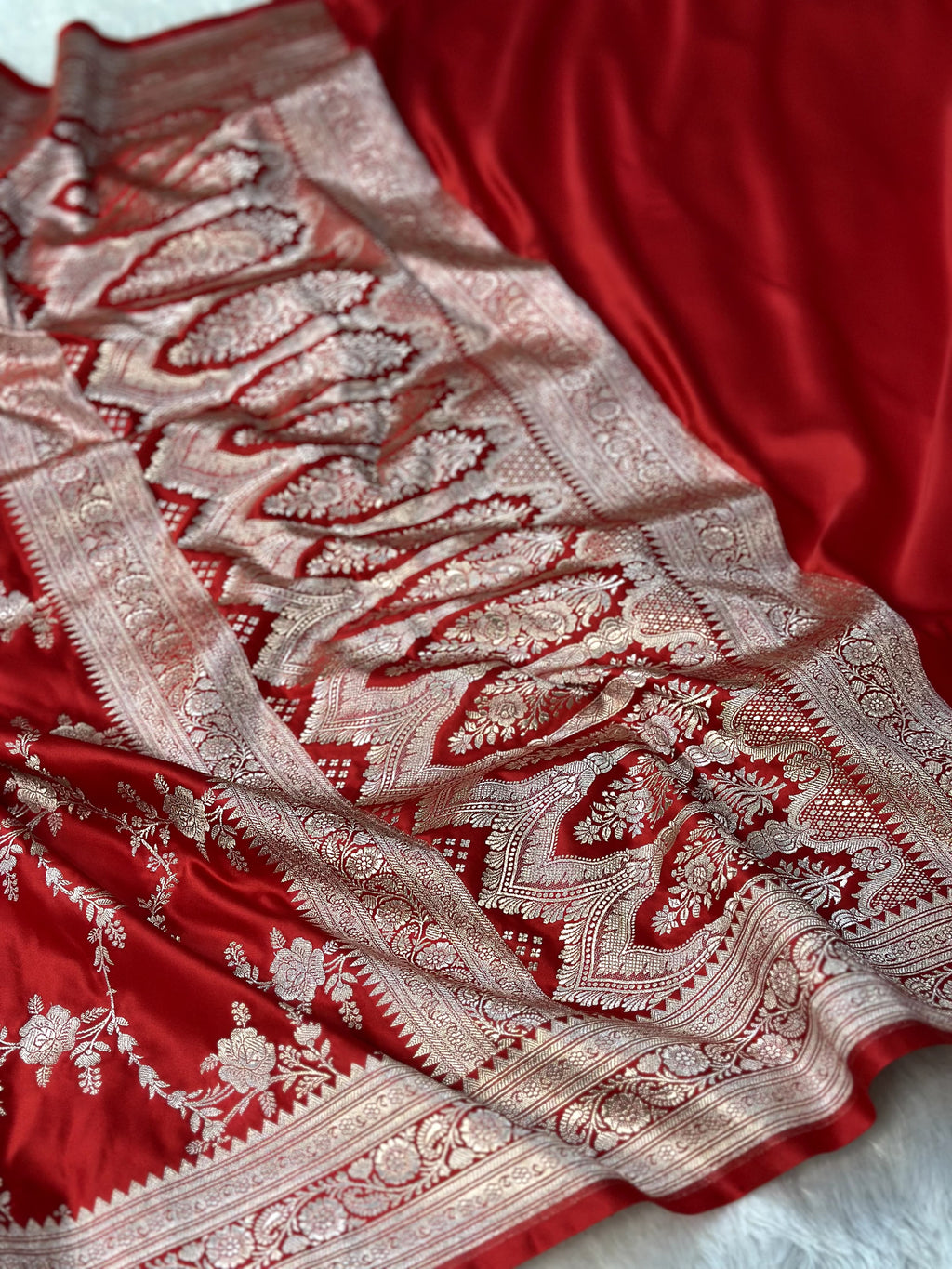 Red Mashru Silk Zari Jaal with Banarasi Border Saree