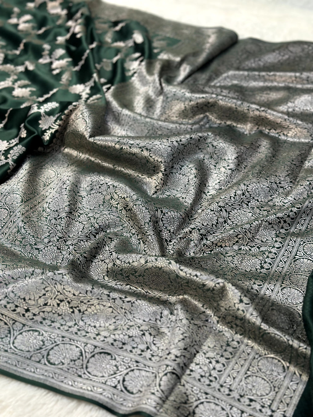 Bottle Green Mashru Silk Zari Jaal with Banarasi Border Saree