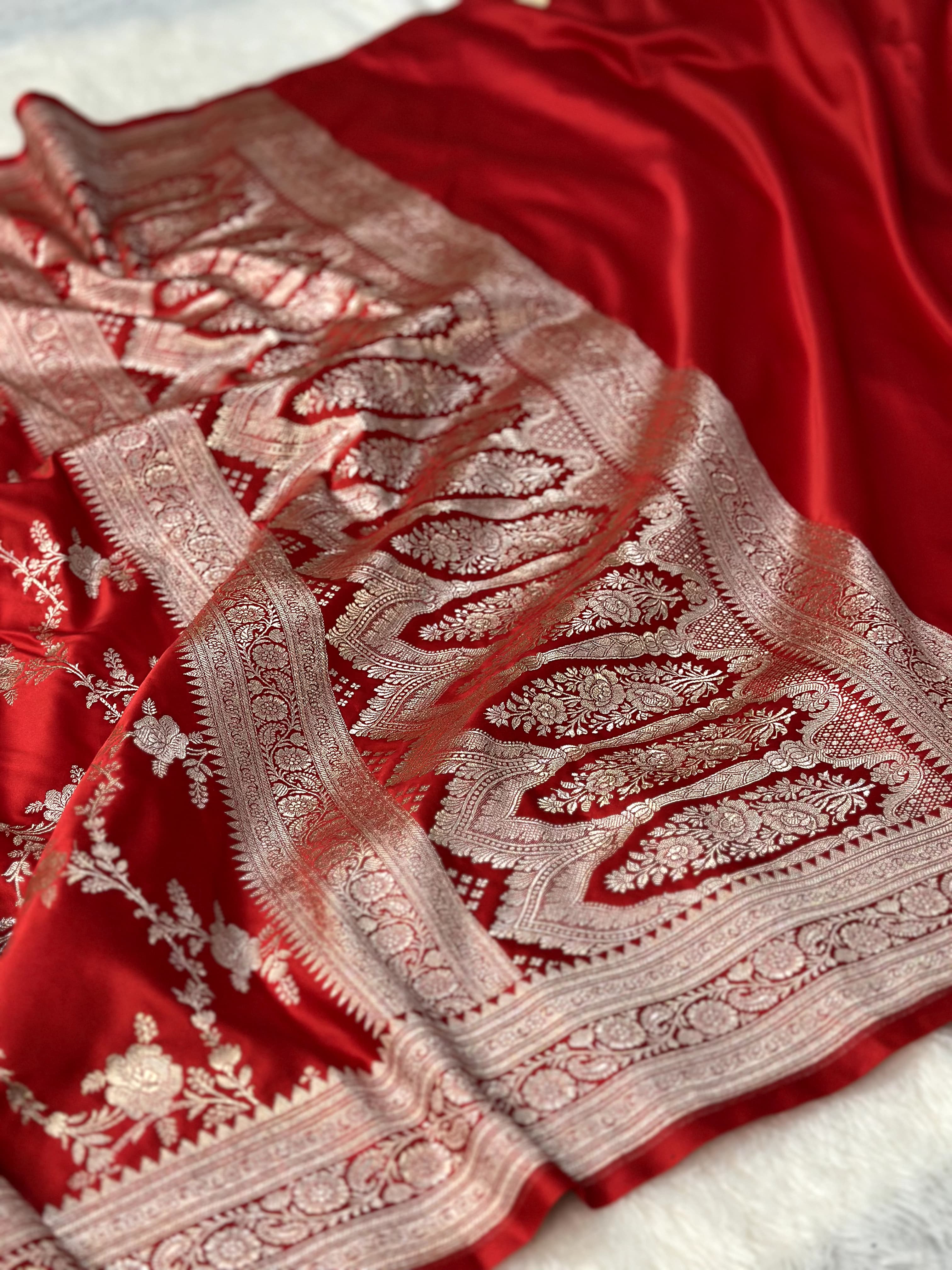 Red Mashru Silk Zari Jaal with Banarasi Border Saree