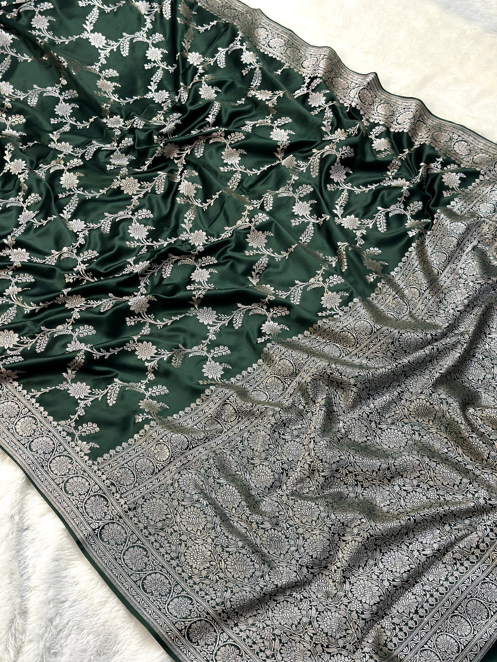 Bottle Green Mashru Silk Zari Jaal with Banarasi Border Saree