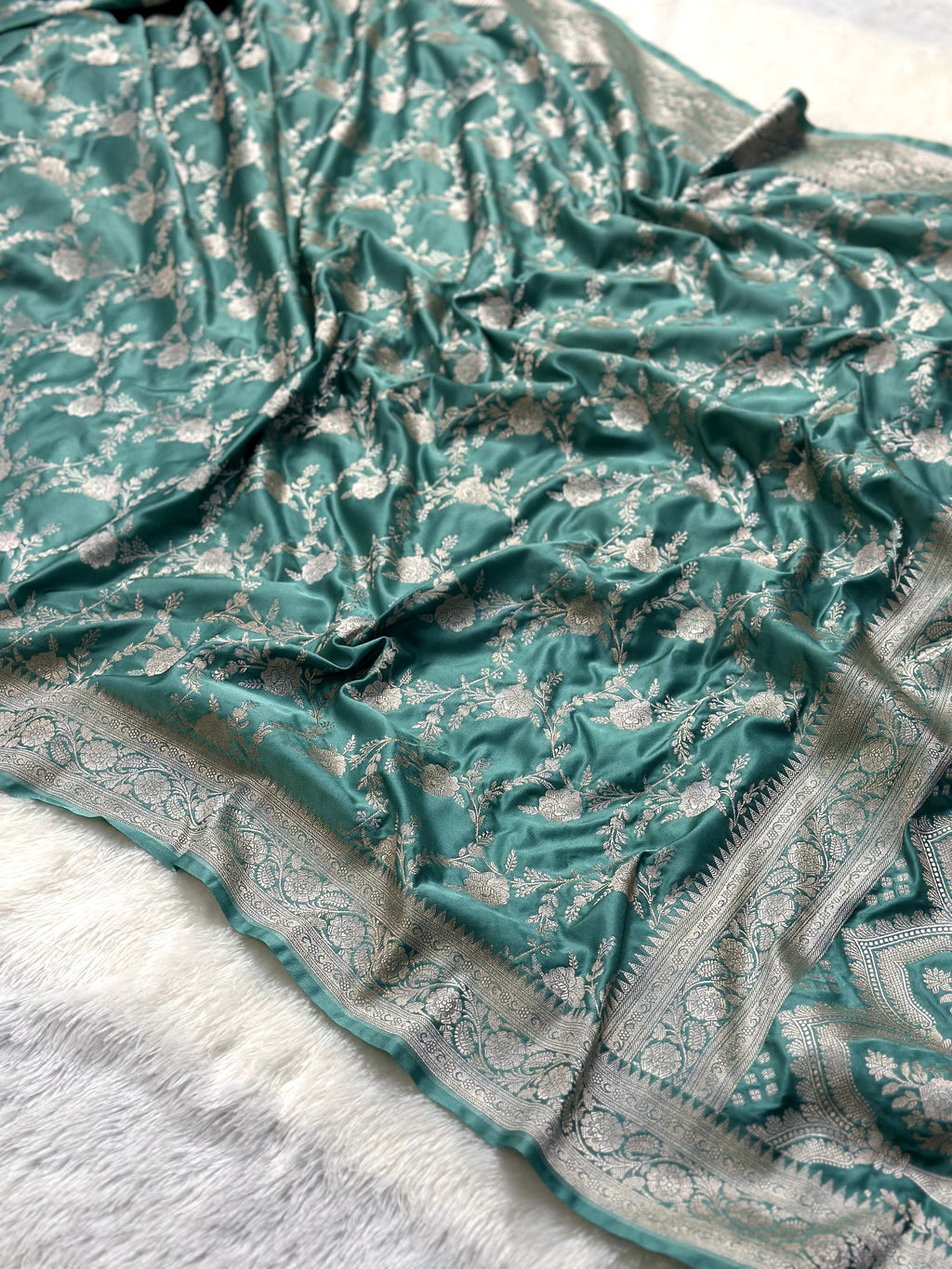 Powder Blue Mashru Silk Zari Jaal with Banarasi Border Saree