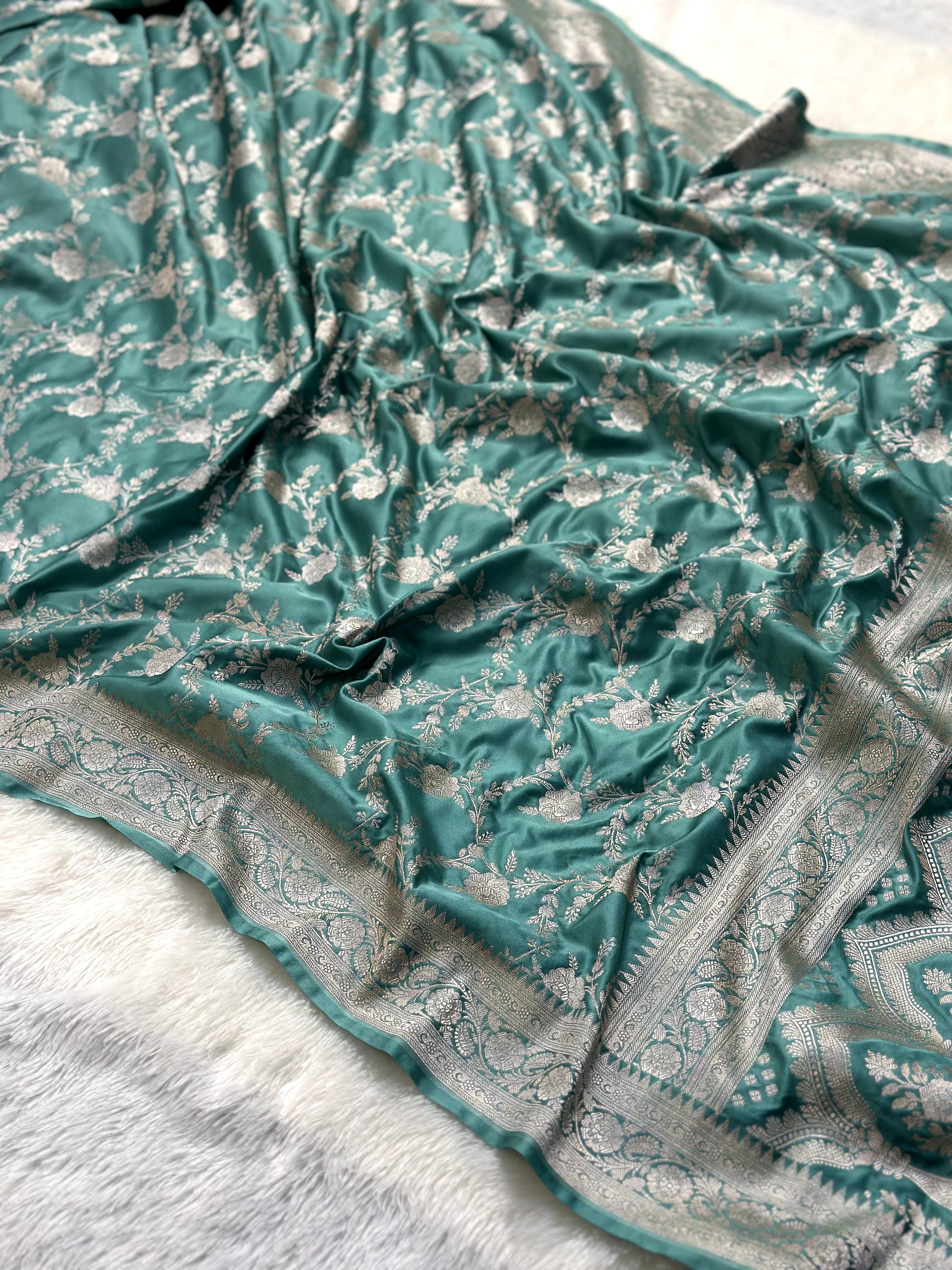 Powder Blue Mashru Silk Zari Jaal with Banarasi Border Saree