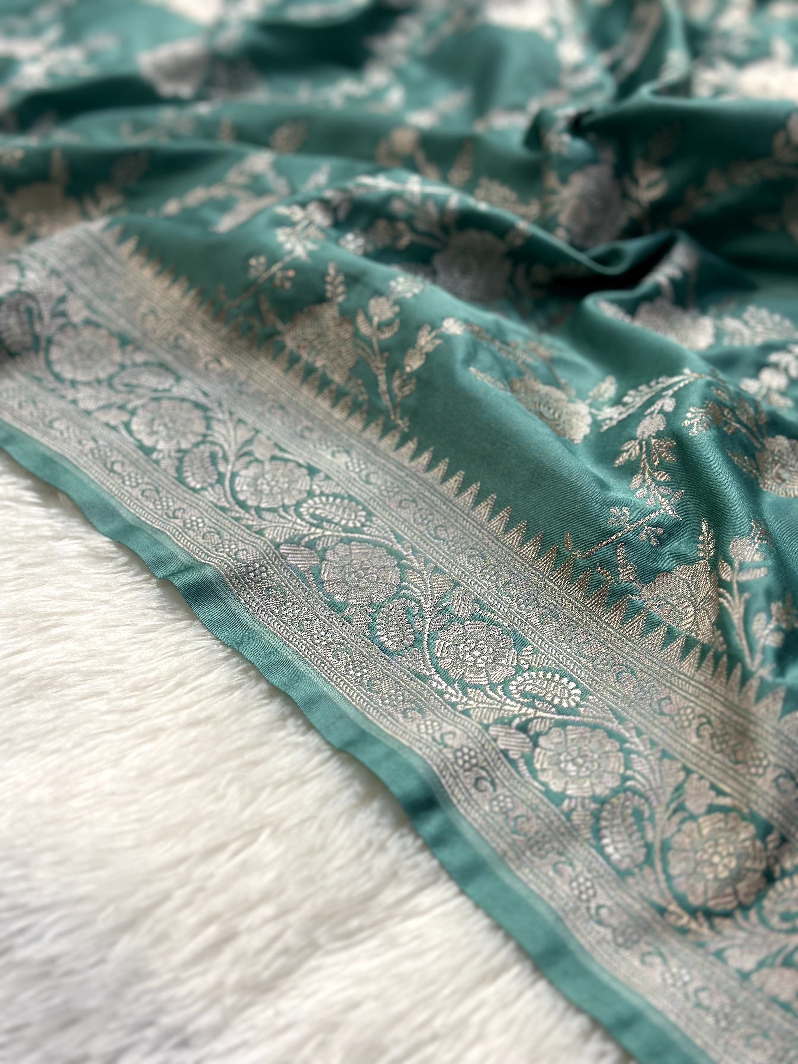Powder Blue Mashru Silk Zari Jaal with Banarasi Border Saree