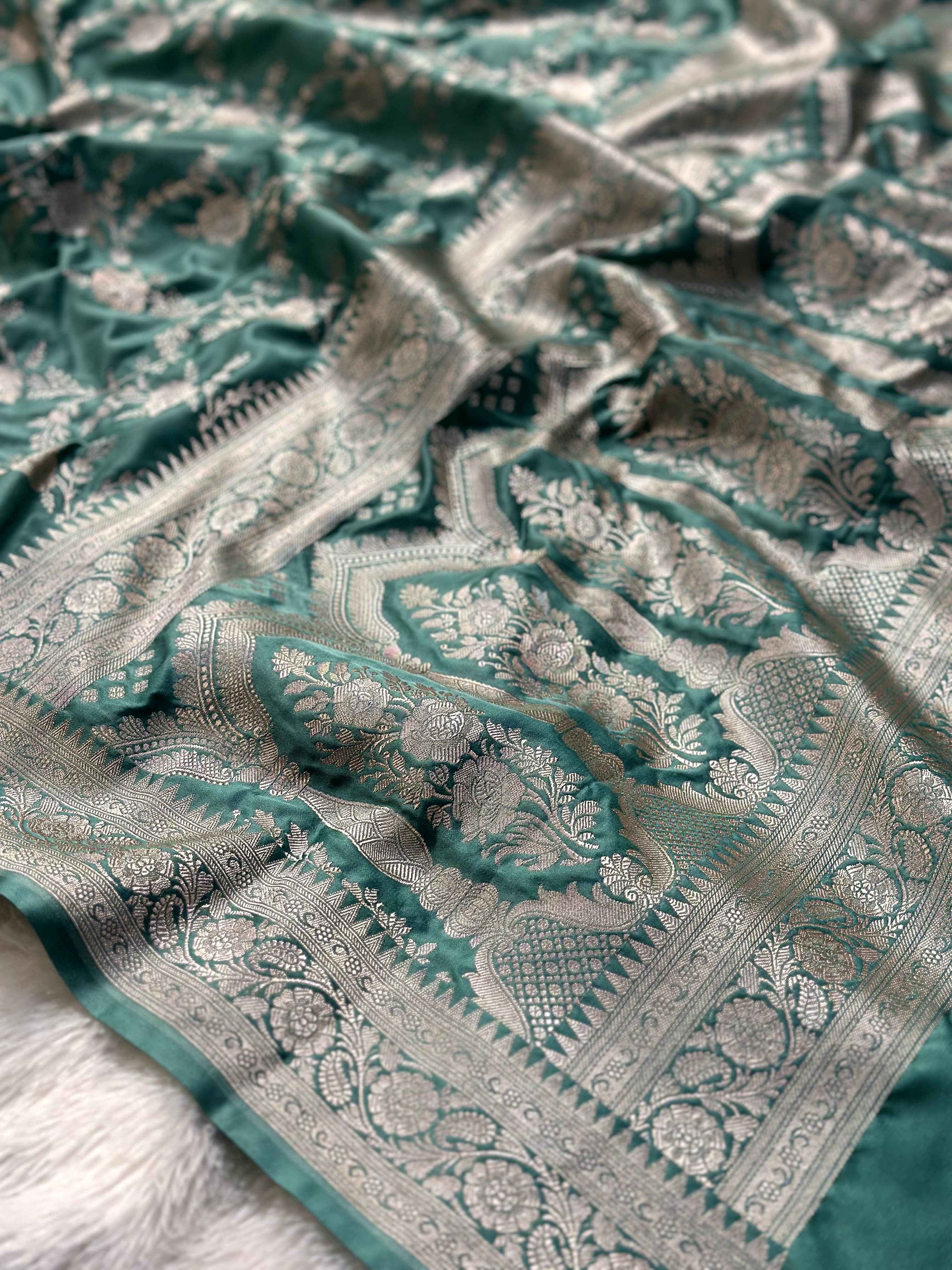 Powder Blue Mashru Silk Zari Jaal with Banarasi Border Saree